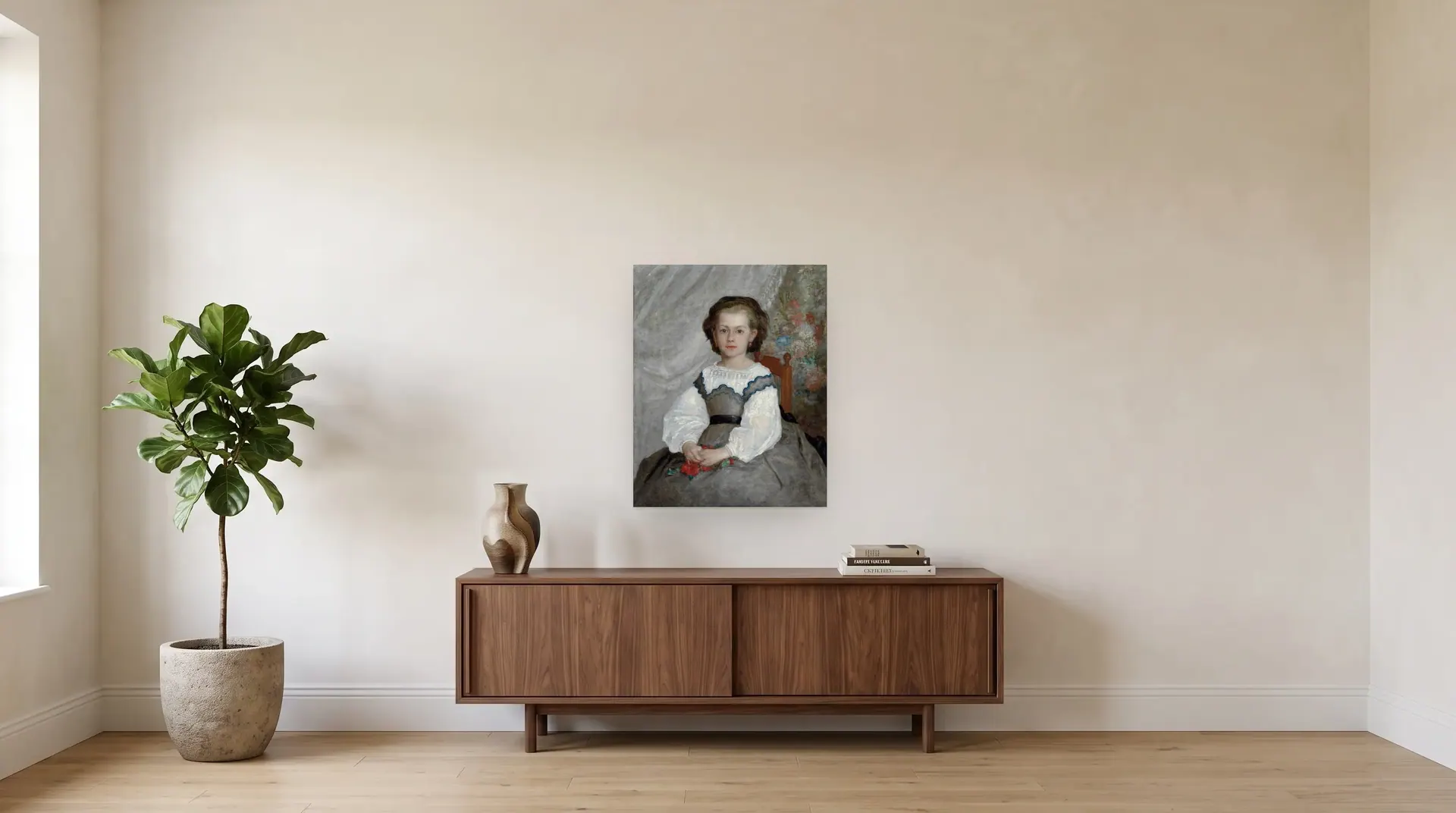 Romaine Lacaux by Pierre-Auguste Renoir shown at its true size, 25½" × 32", over a 72" sideboard
