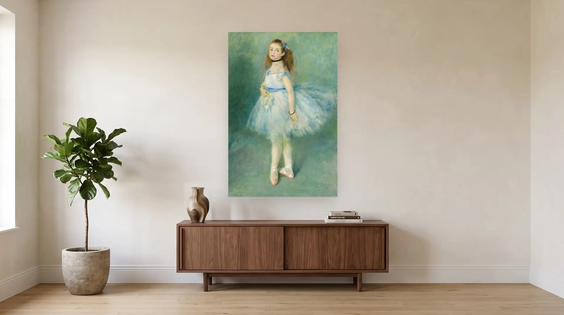 The Dancer by Pierre-Auguste Renoir shown at its true size, 37" × 56", over a 72" sideboard