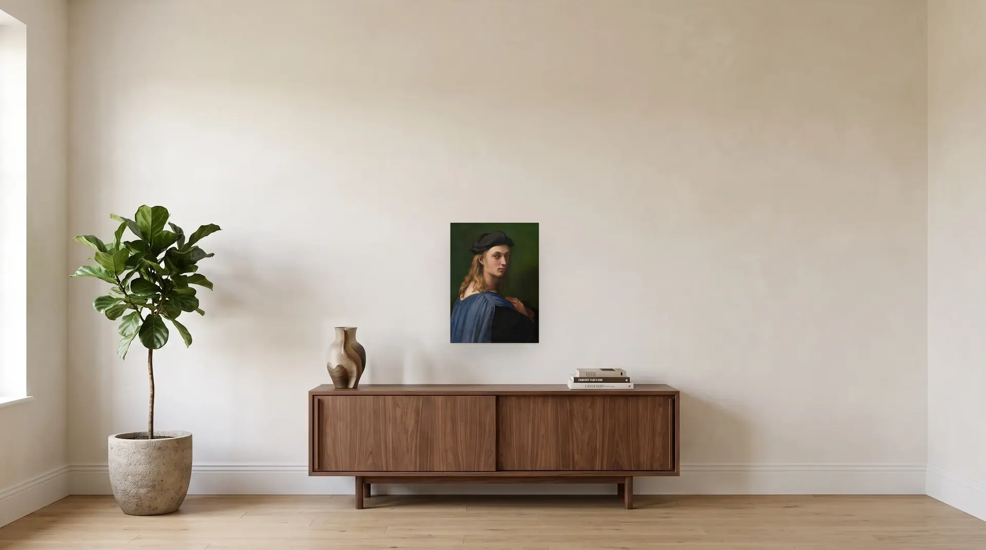 Bindo Altoviti by Raphael shown at its true size, 17" × 23½", over a 72" sideboard