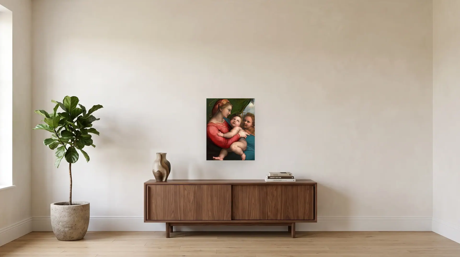 Madonna della tenda by Raphael shown at its true size, 20" × 26", over a 72" sideboard