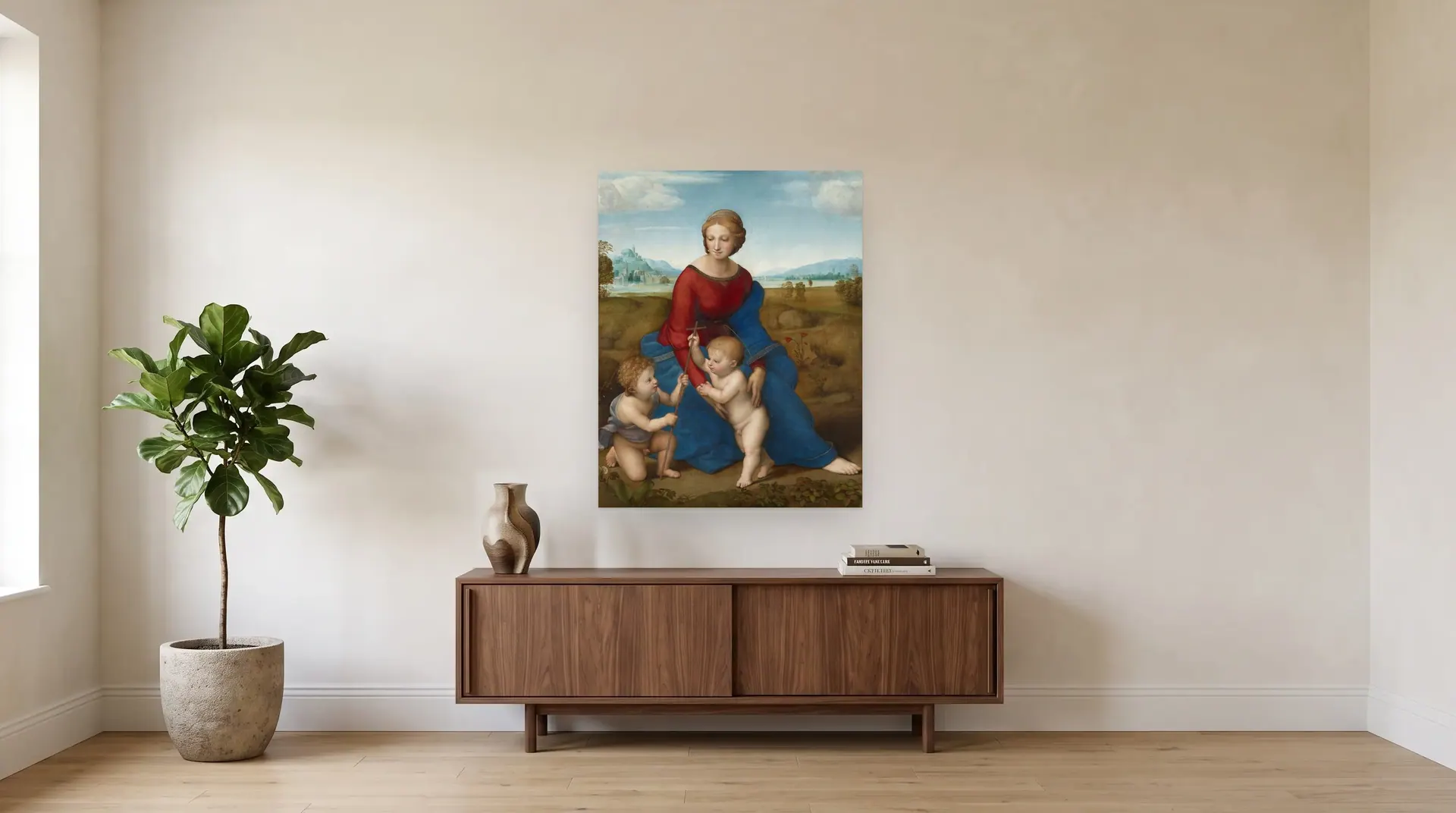 Madonna in the Meadow by Raphael shown at its true size, 35" × 44½", over a 72" sideboard