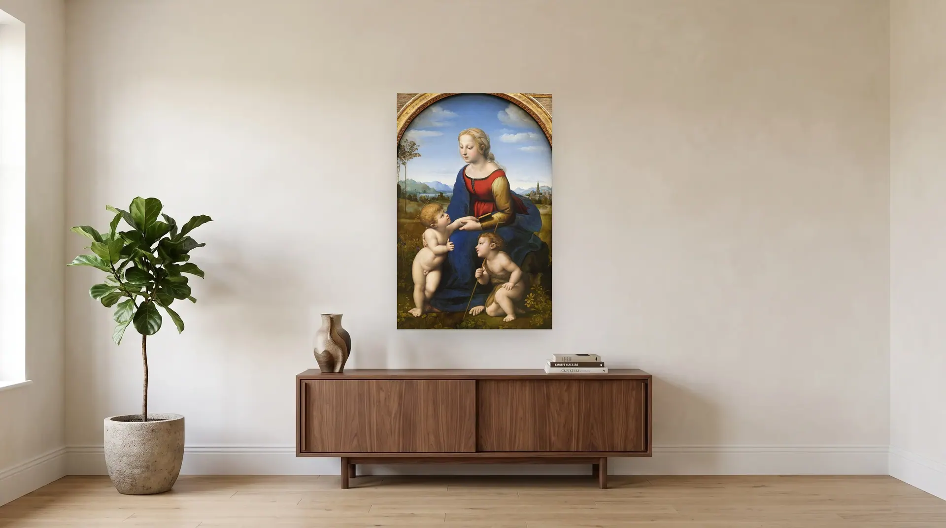 Madonna with Child and St John by Raphael shown at its true size, 31½" × 48", over a 72" sideboard