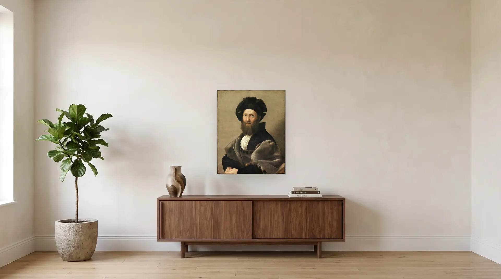 Portrait of Baldassare Castiglione by Raphael shown at its true size, 26½" × 32½", over a 72" sideboard