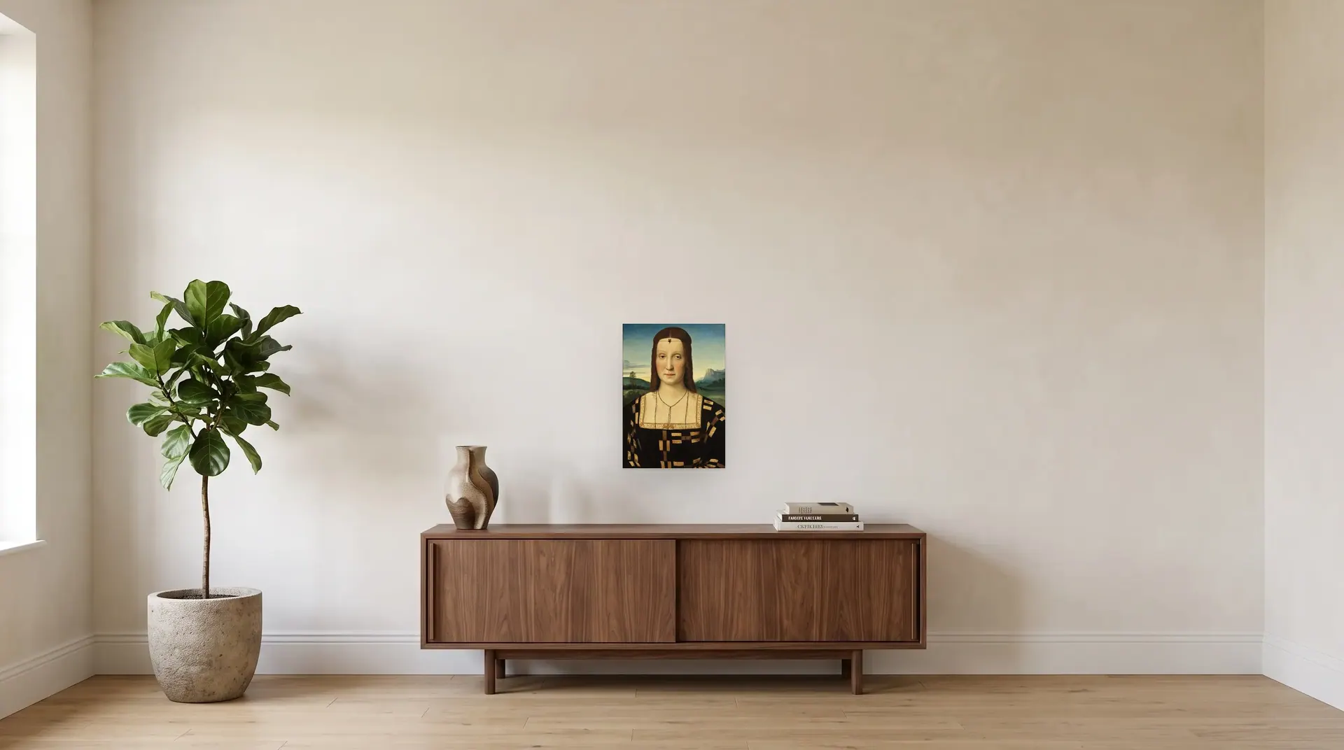 Portrait of Elisabetta Gonzaga by Raphael shown at its true size, 14½" × 20½", over a 72" sideboard