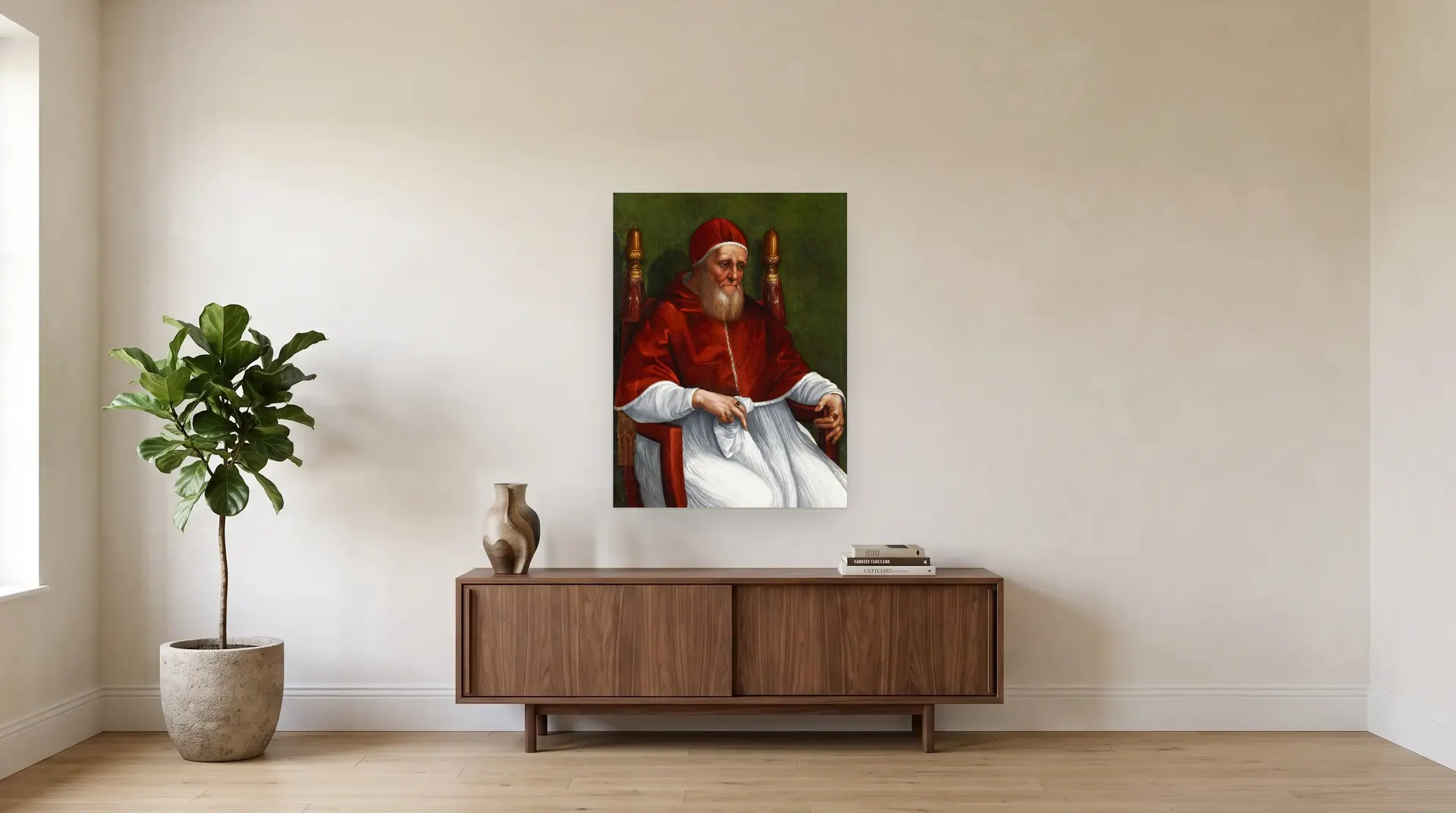 Portrait of Pope Julius II by Raphael shown at its true size, 31" × 41½", over a 72" sideboard