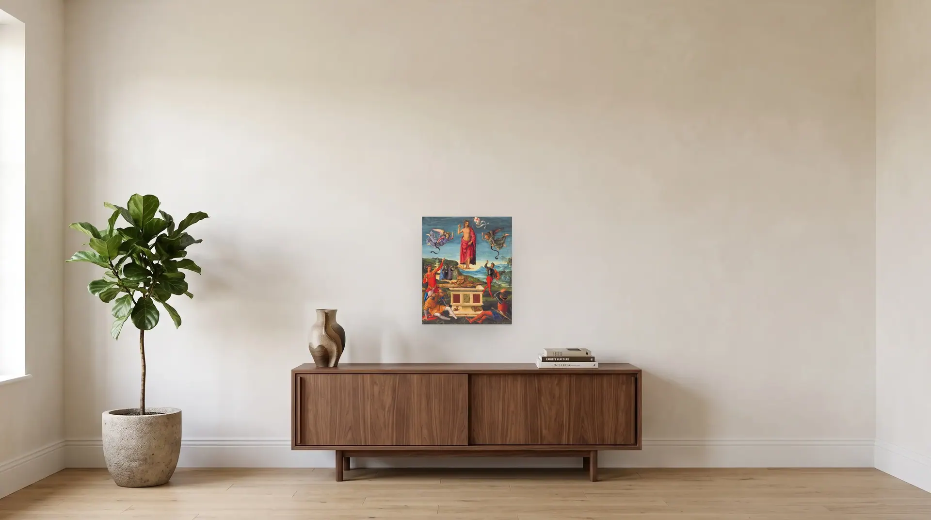 Resurrection of Christ by Raphael shown at its true size, 18½" × 22", over a 72" sideboard