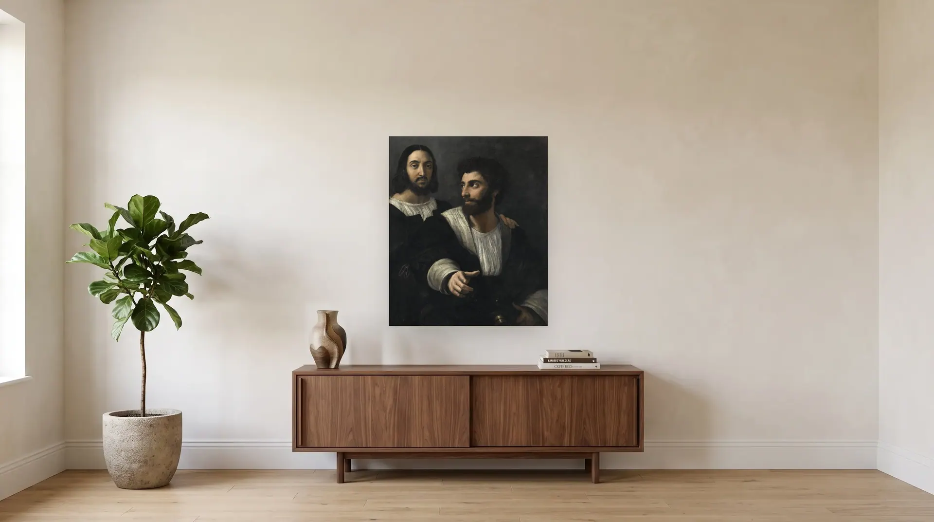 Self-portrait with a friend by Raphael shown at its true size, 32½" × 39", over a 72" sideboard