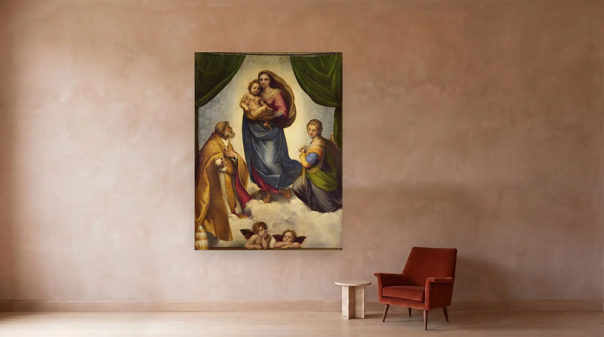 Sistine Madonna by Raphael shown at its true size, 79" × 106", beside an armchair