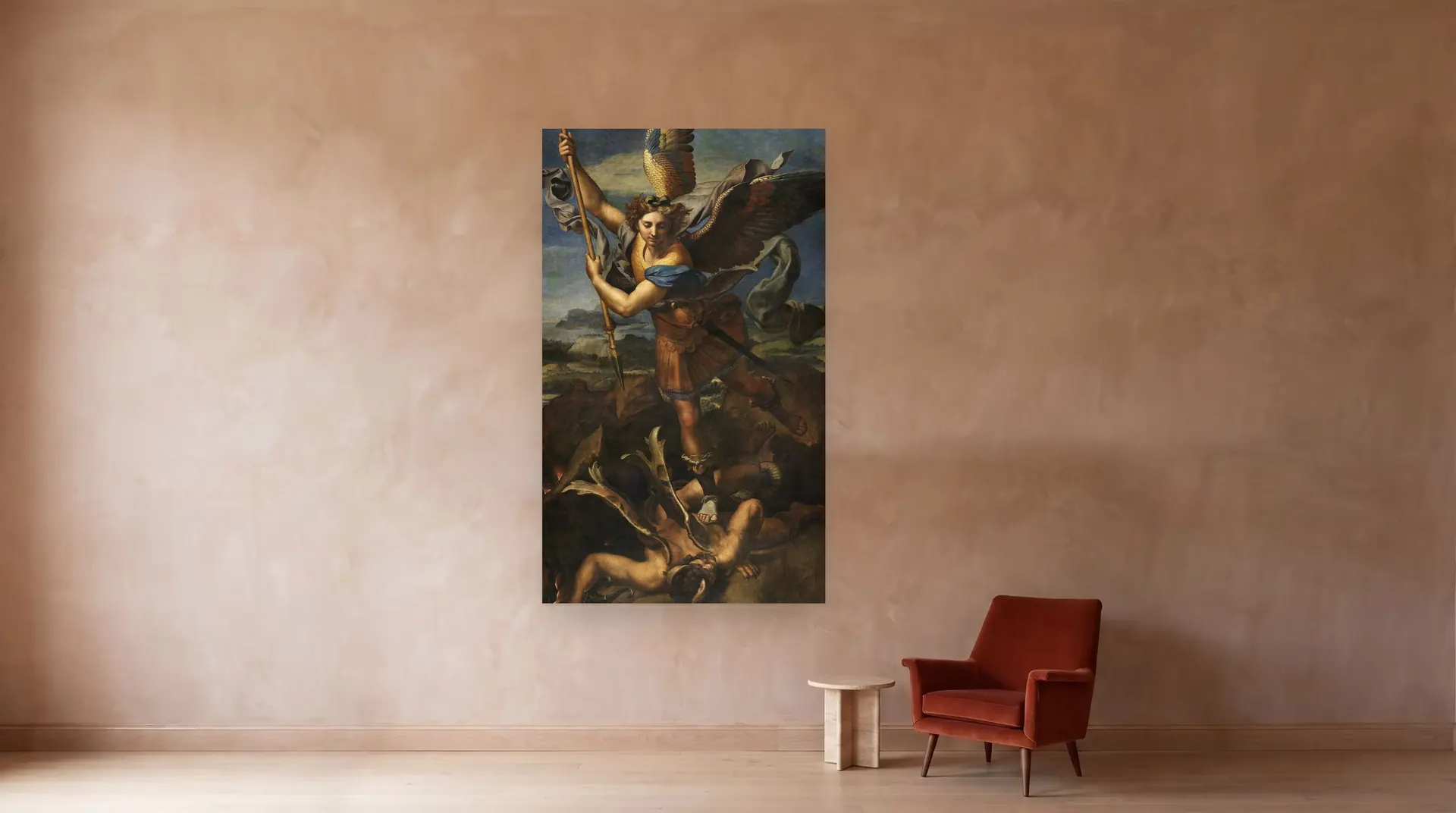 St. Michael Vanquishing Satan by Raphael shown at its true size, 63" × 105½", beside an armchair