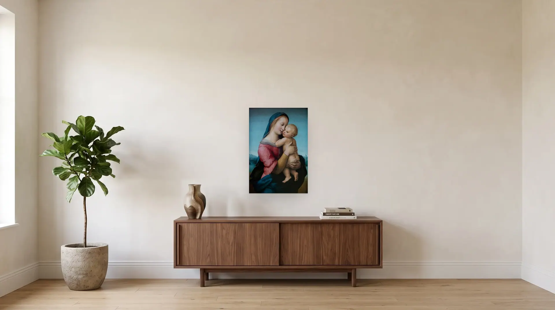 Tempi Madonna by Raphael shown at its true size, 20½" × 29½", over a 72" sideboard