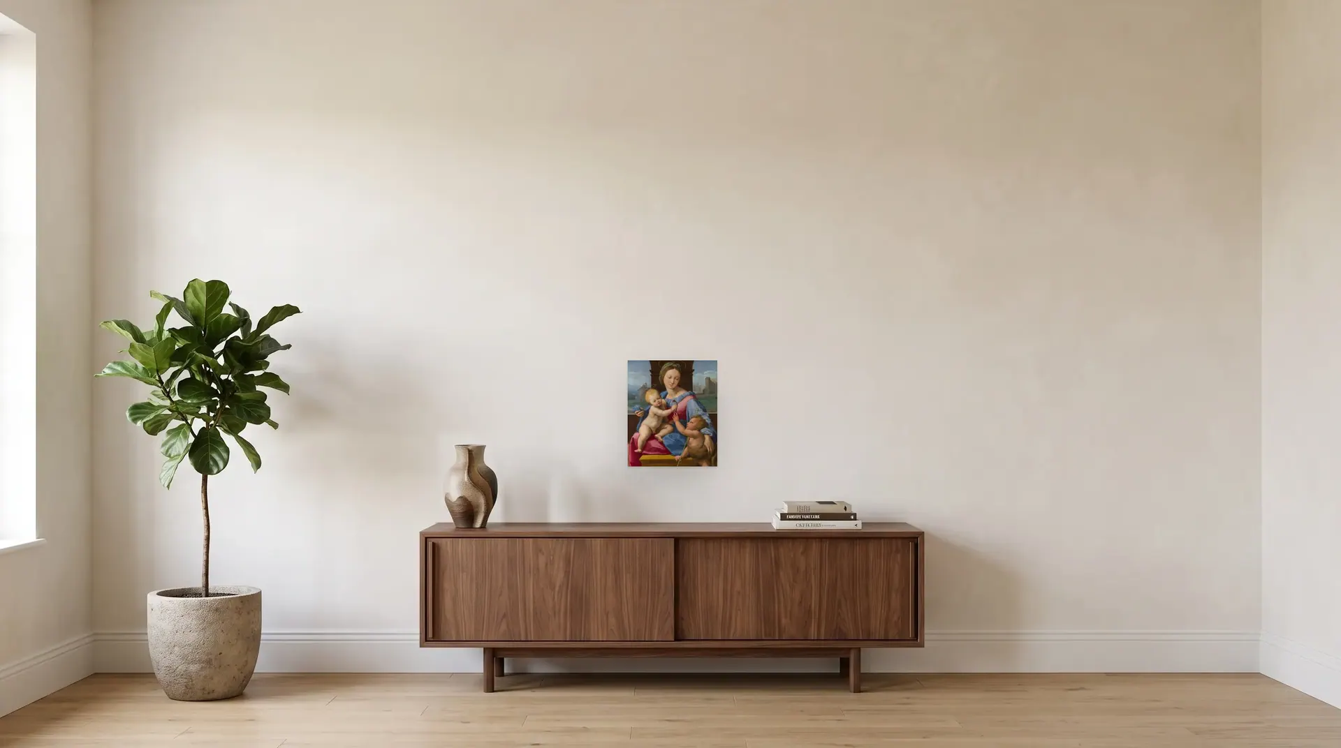 The Garvagh Madonna by Raphael shown at its true size, 13" × 15", over a 72" sideboard