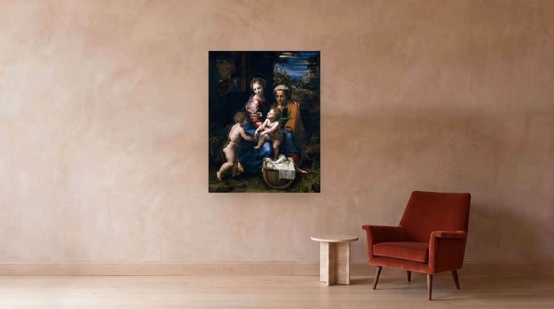 The Holy Family by Raphael shown at its true size, 45½" × 58", beside an armchair