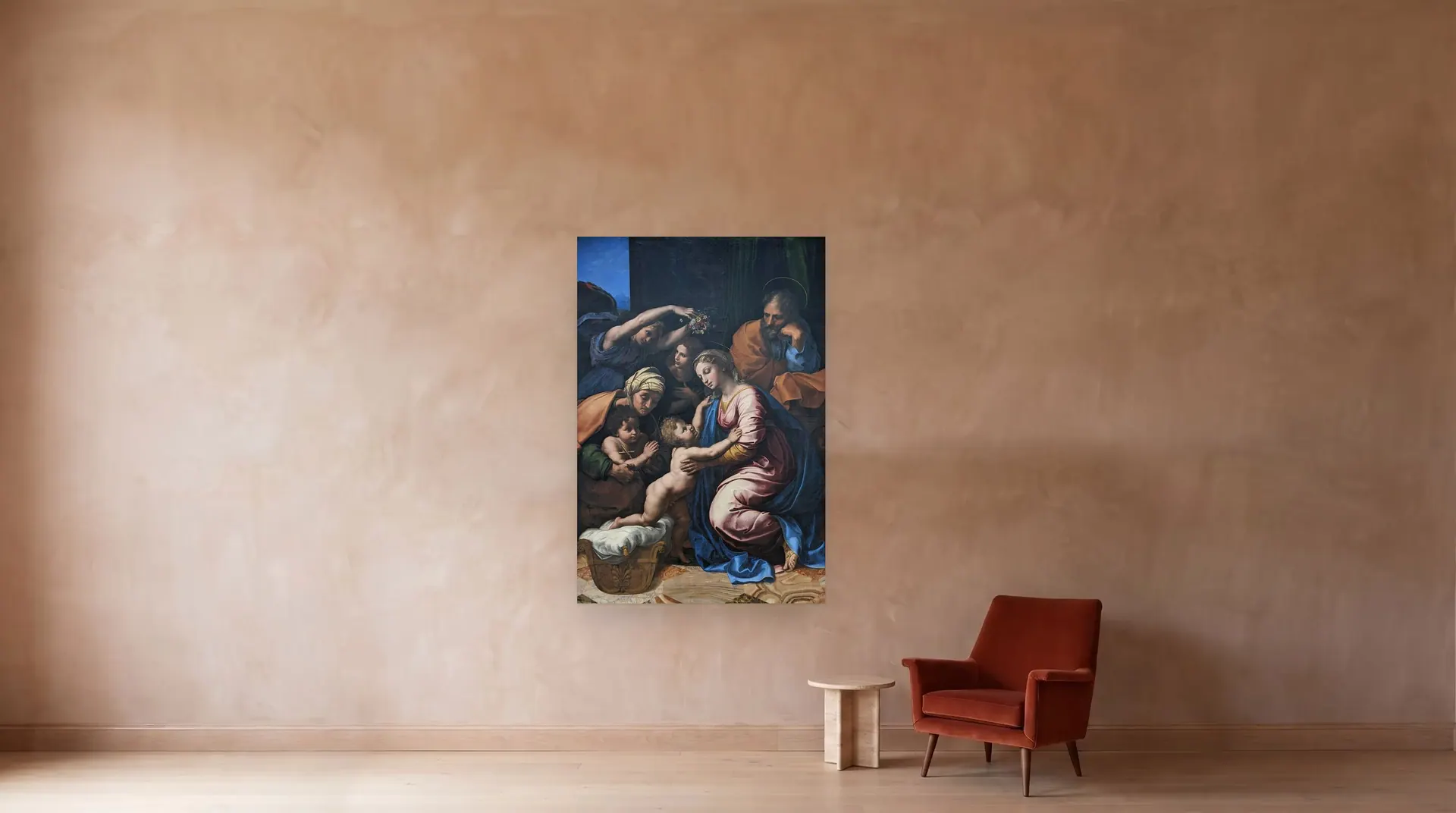 The Holy Family of Francis I by Raphael shown at its true size, 55" × 81½", beside an armchair