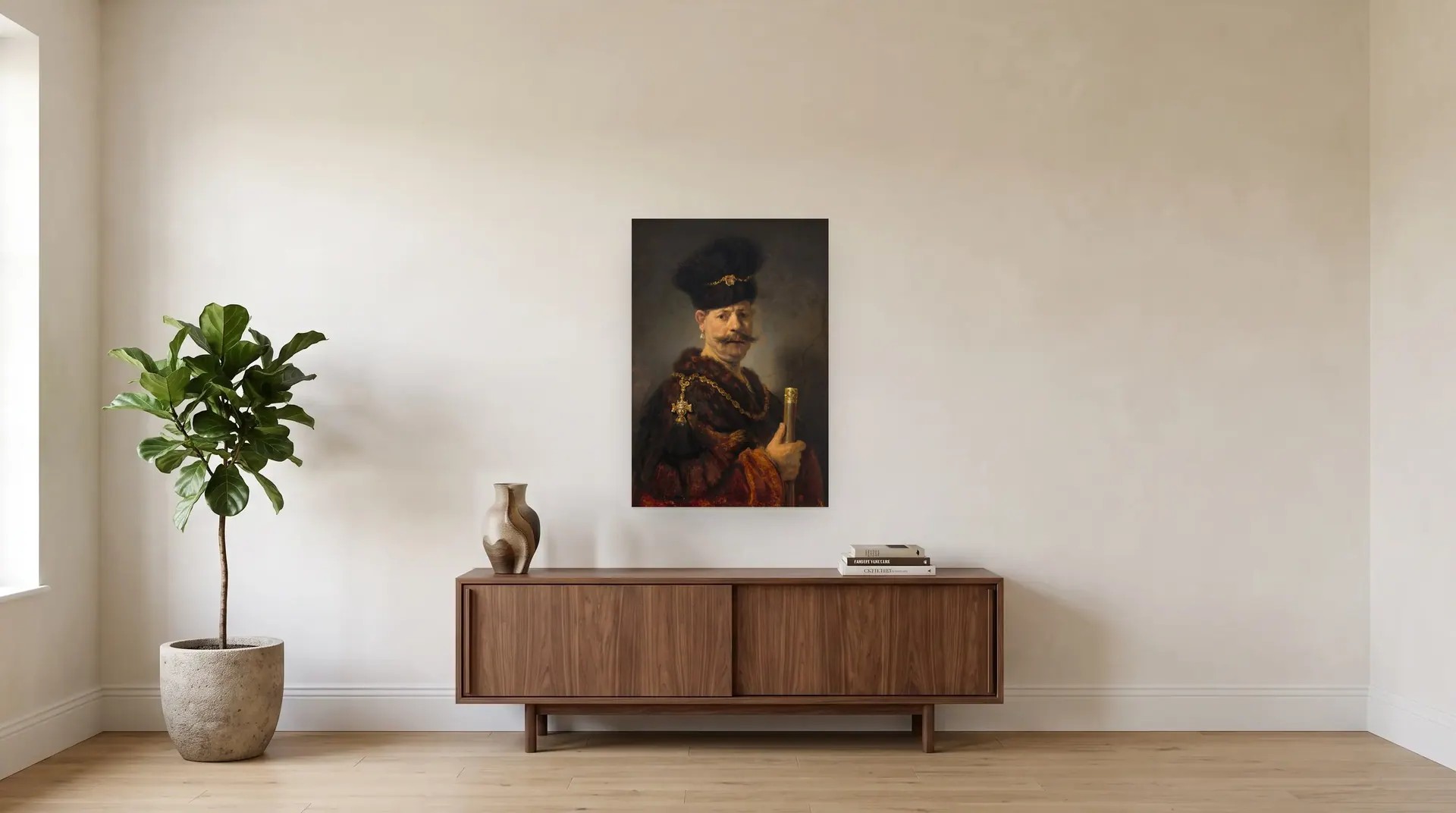 A Polish Nobleman by Rembrandt shown at its true size, 26" × 38", over a 72" sideboard