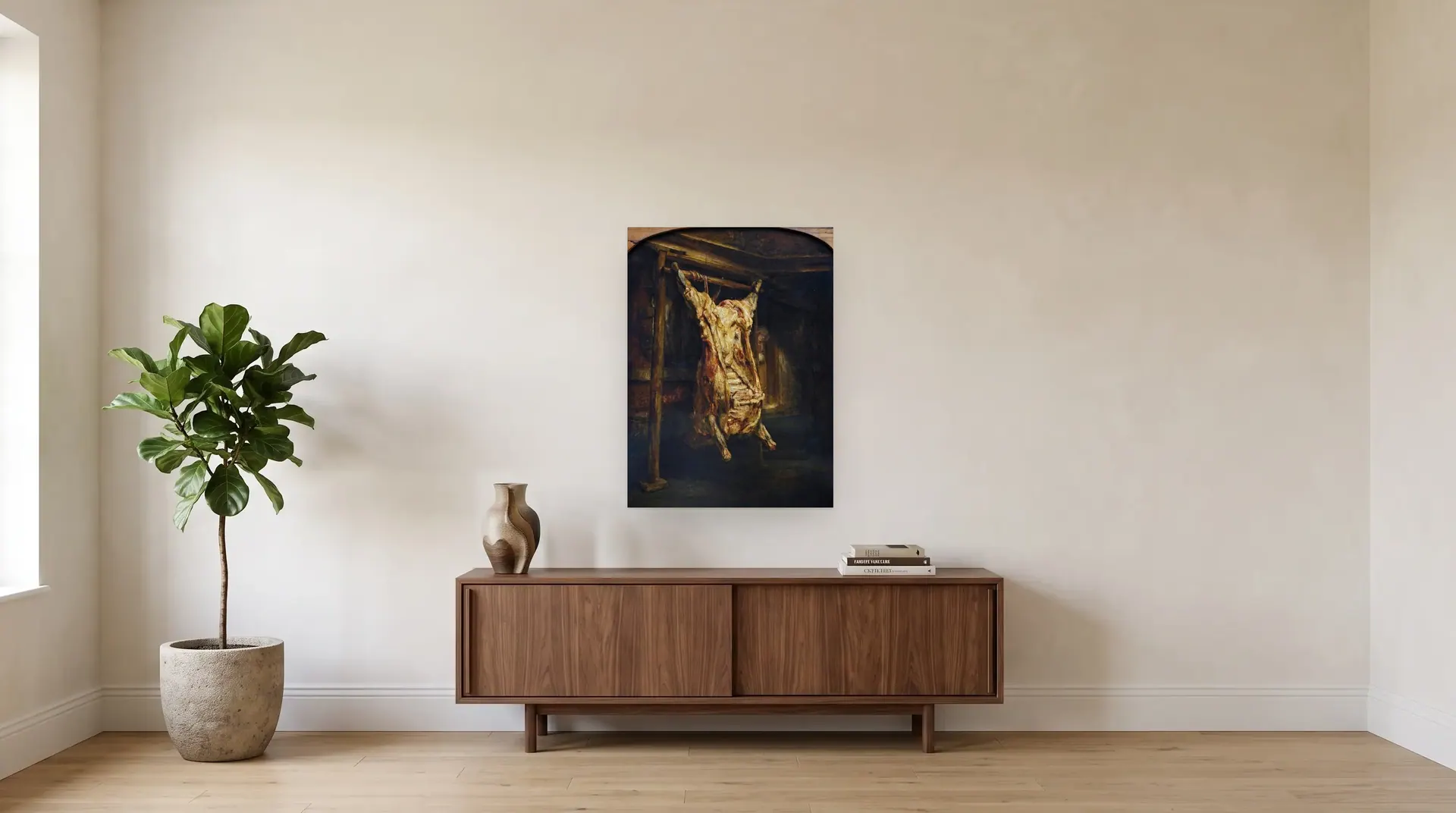 A Slaughtered Ox by Rembrandt shown at its true size, 27" × 37", over a 72" sideboard
