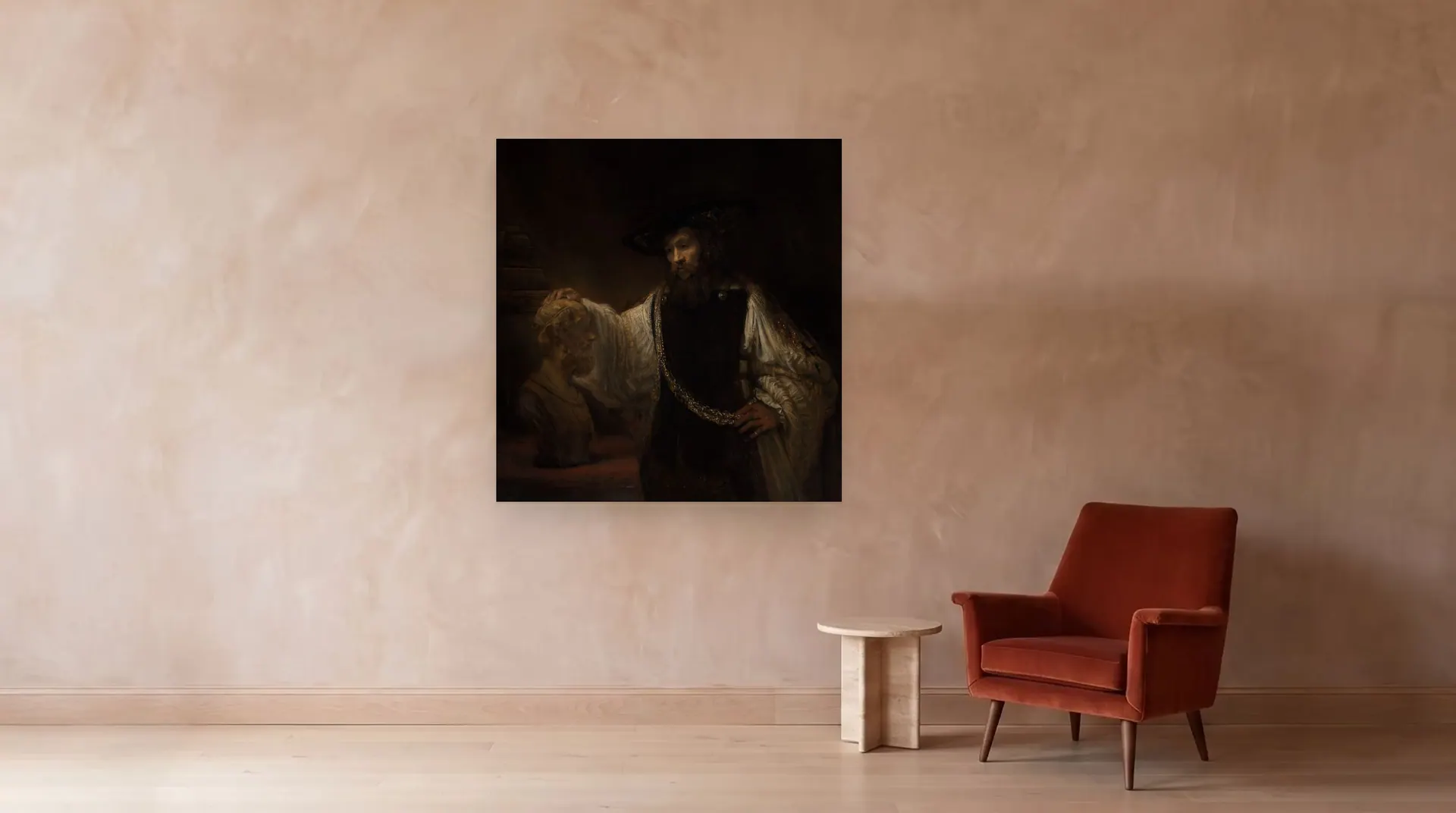 Aristotle with a Bust of Homer by Rembrandt shown at its true size, 53½" × 56½", beside an armchair