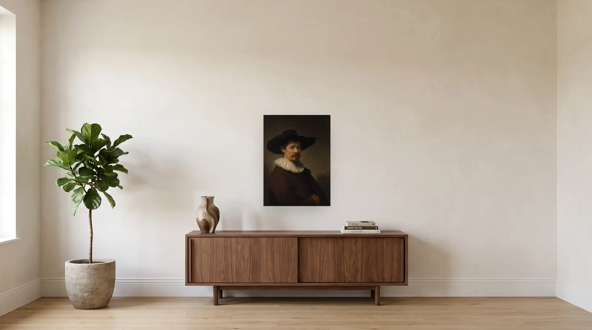 Herman Doomer by Rembrandt shown at its true size, 21½" × 29½", over a 72" sideboard