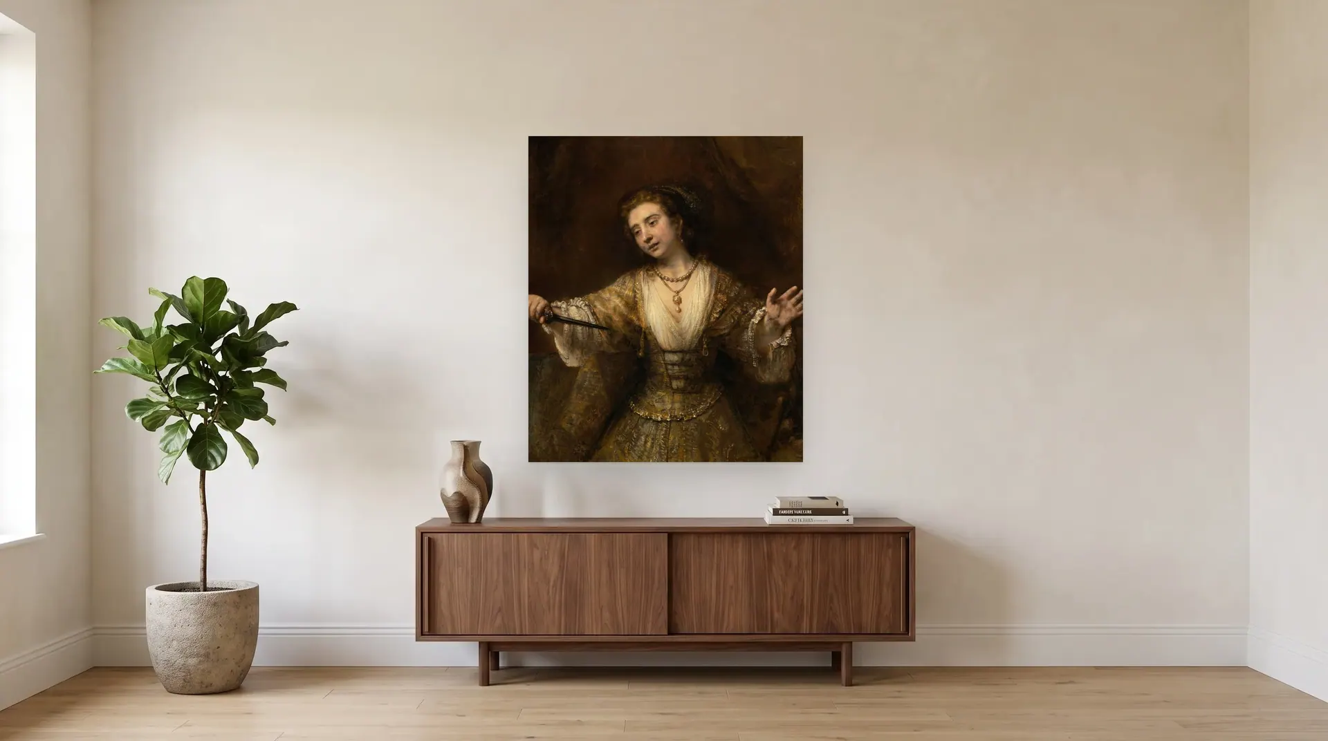 Lucretia by Rembrandt shown at its true size, 40" × 47", over a 72" sideboard