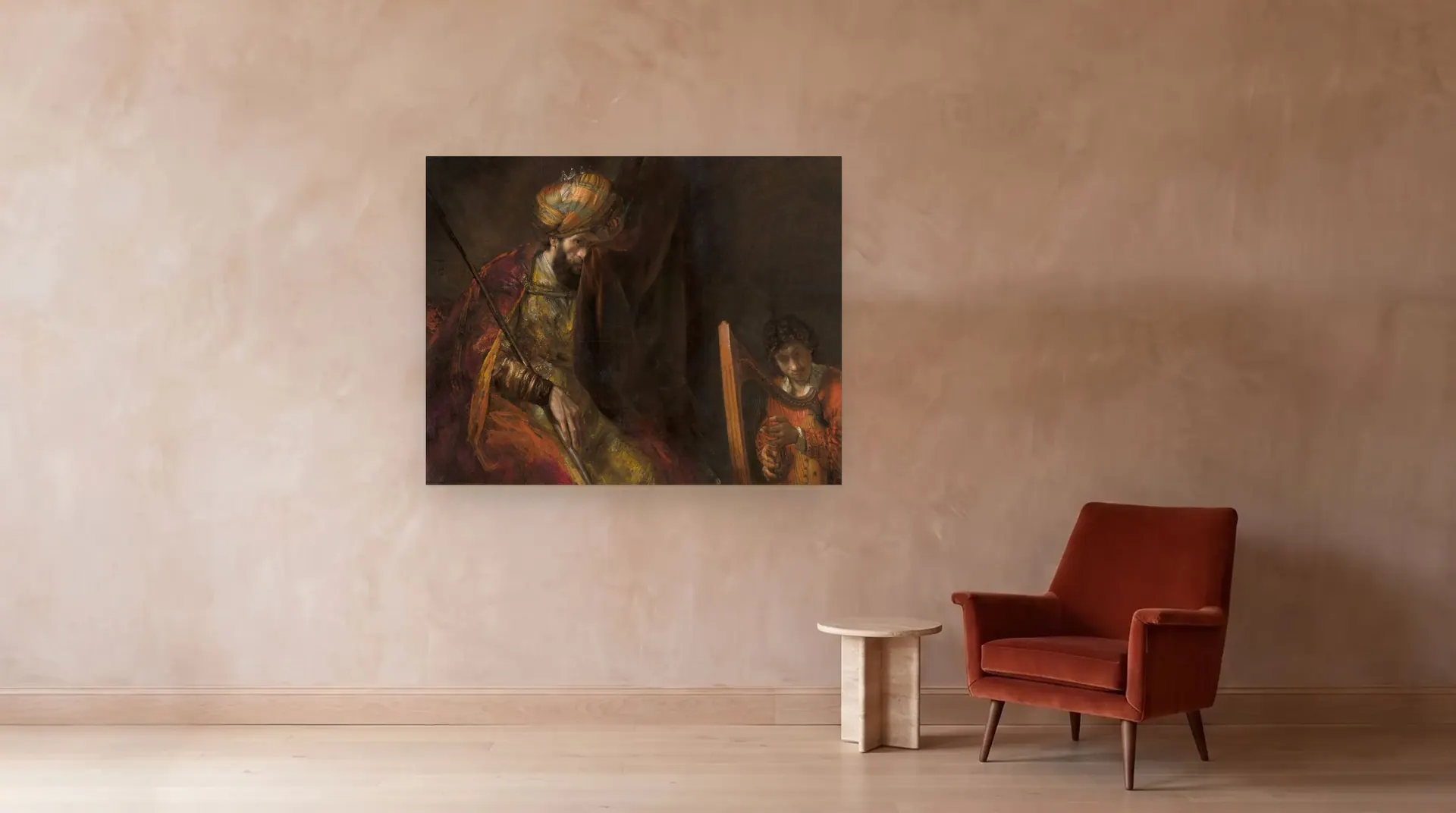 Saul and David by Rembrandt shown at its true size, 65" × 51", beside an armchair