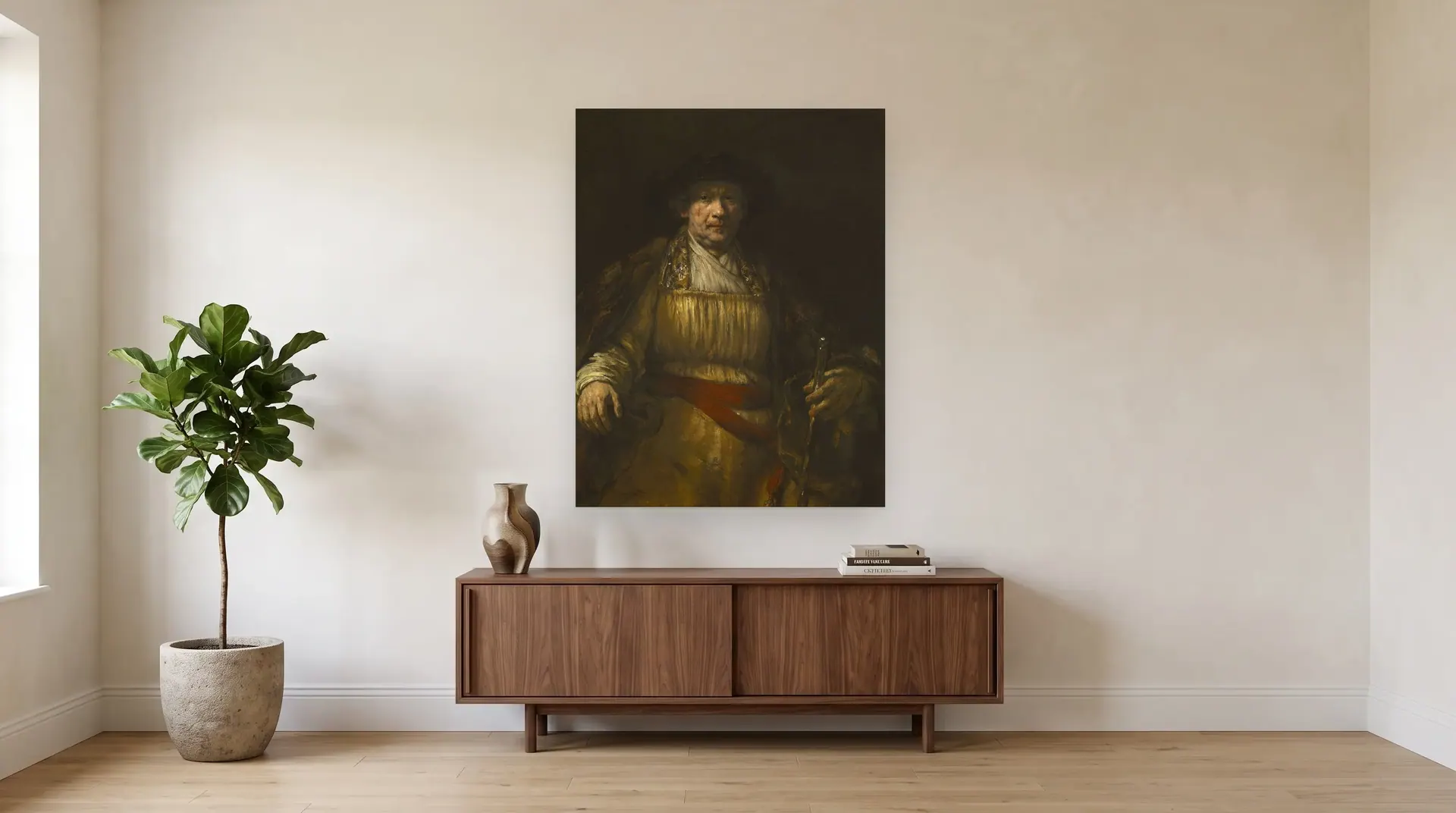 Self Portrait by Rembrandt shown at its true size, 41" × 52½", over a 72" sideboard