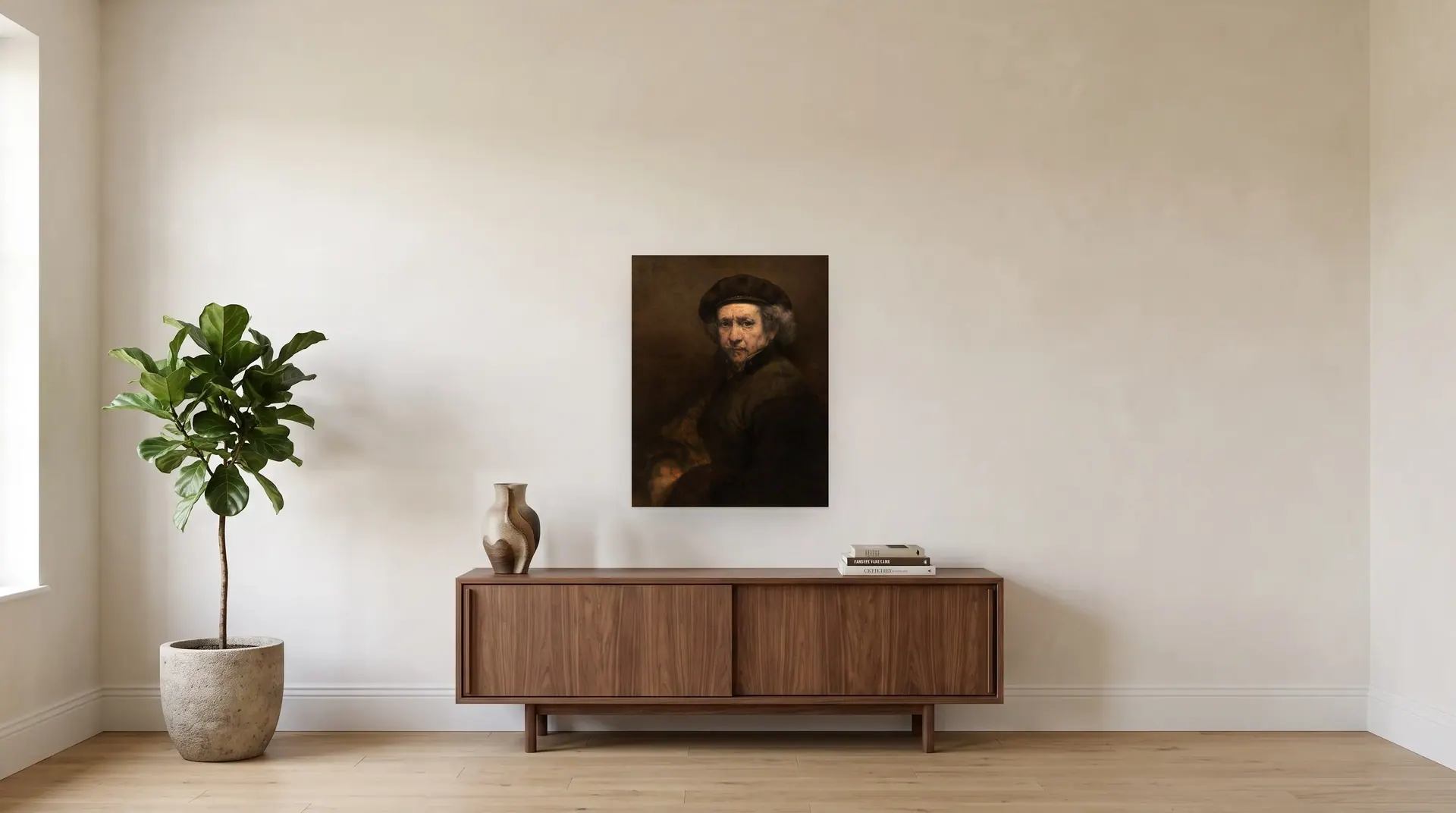 Self Portrait with Beret and Turned-Up Collar by Rembrandt shown at its true size, 26" × 33½", over a 72" sideboard