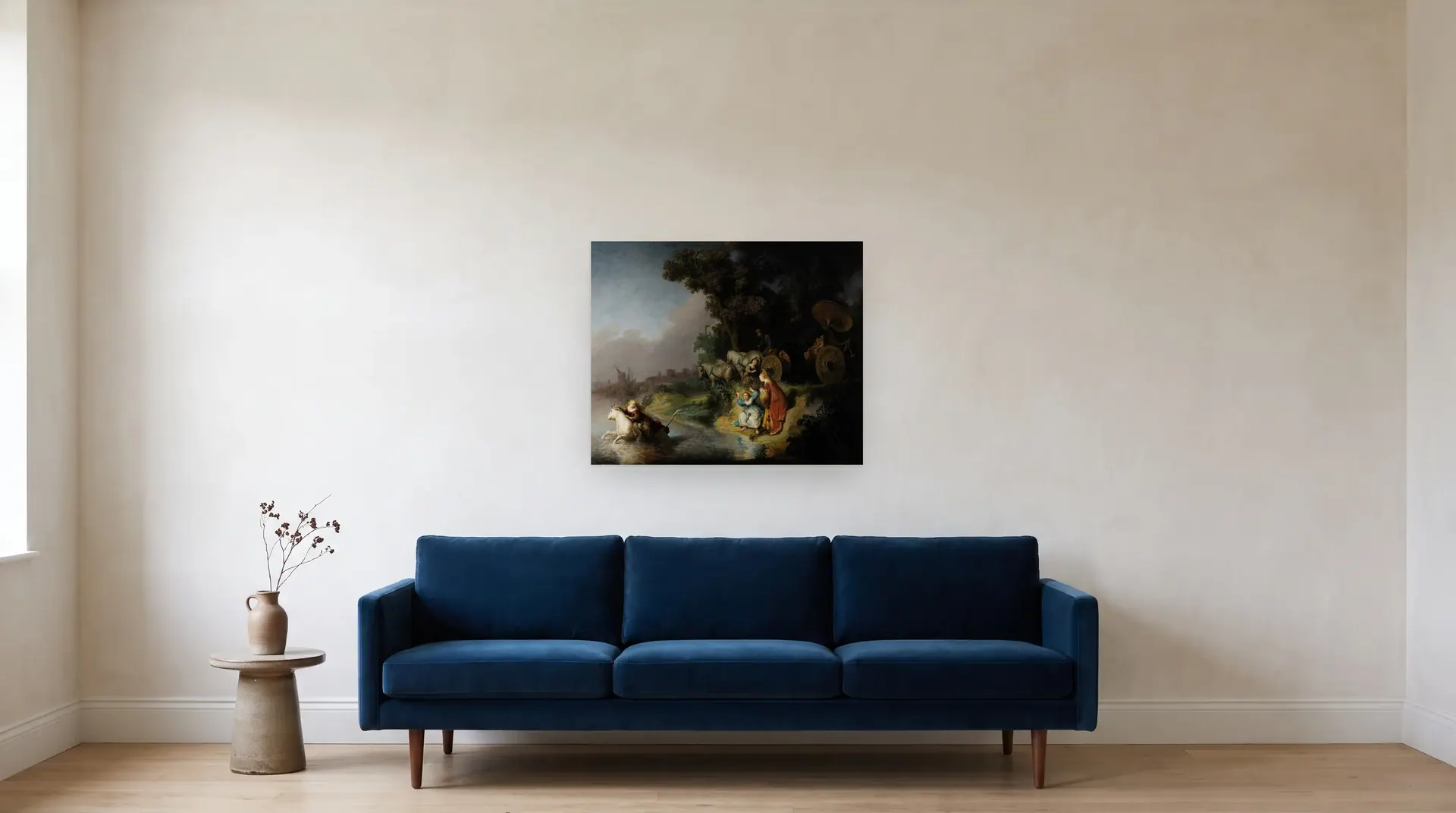 The Abduction of Europa by Rembrandt shown at its true size, 31" × 25½", over an 84" sofa