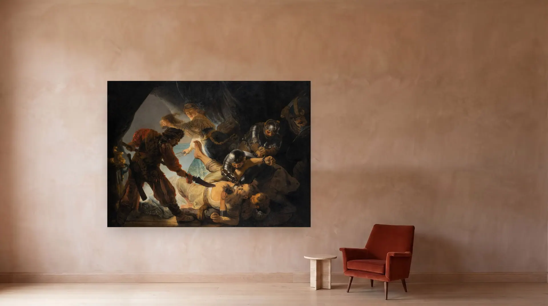 The Blinding of Samson by Rembrandt shown at its true size, 10 ft × 7 ft 2 in, beside an armchair