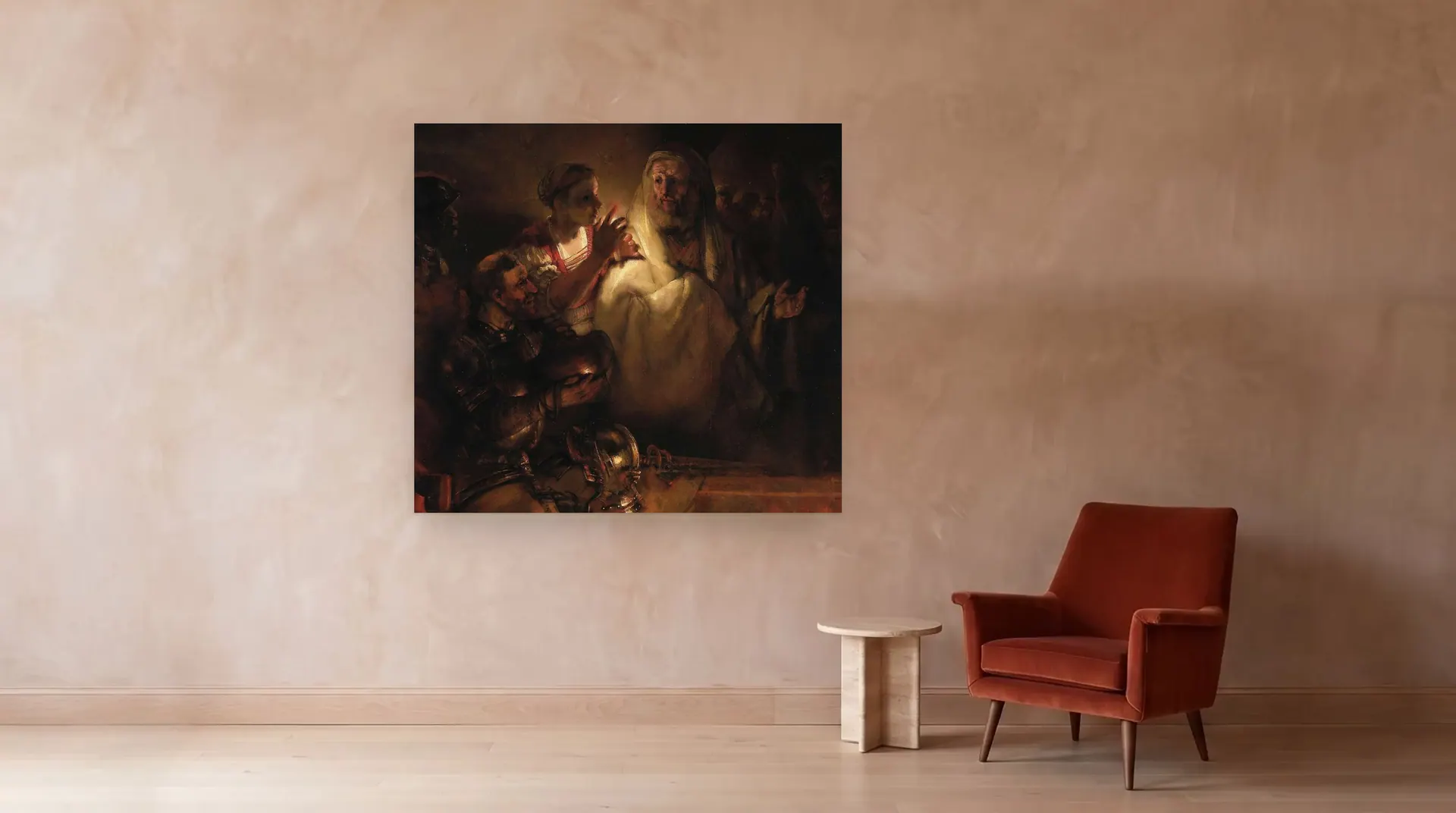 The Denial of Saint Peter by Rembrandt shown at its true size, 66½" × 60½", beside an armchair