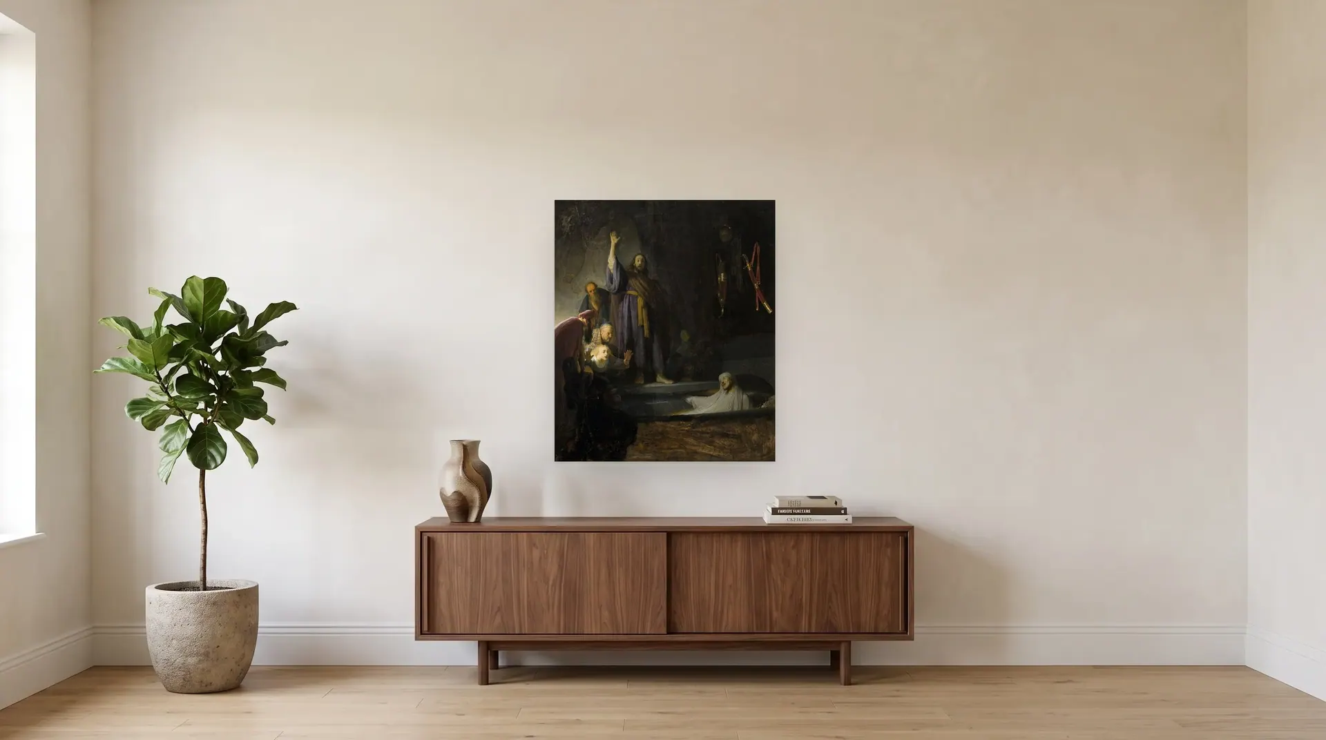 The Raising of Lazarus by Rembrandt shown at its true size, 32" × 38", over a 72" sideboard