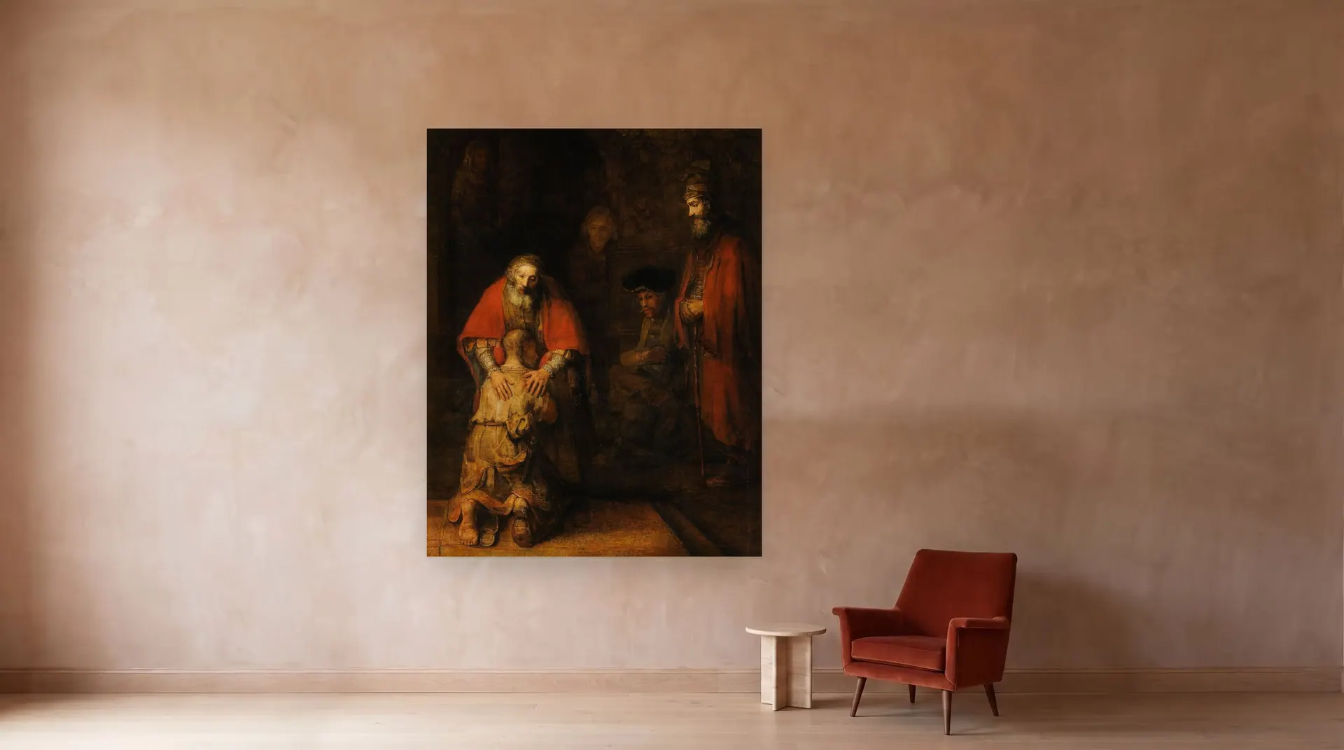 The Return of the Prodigal Son by Rembrandt shown at its true size, 80½" × 103", beside an armchair