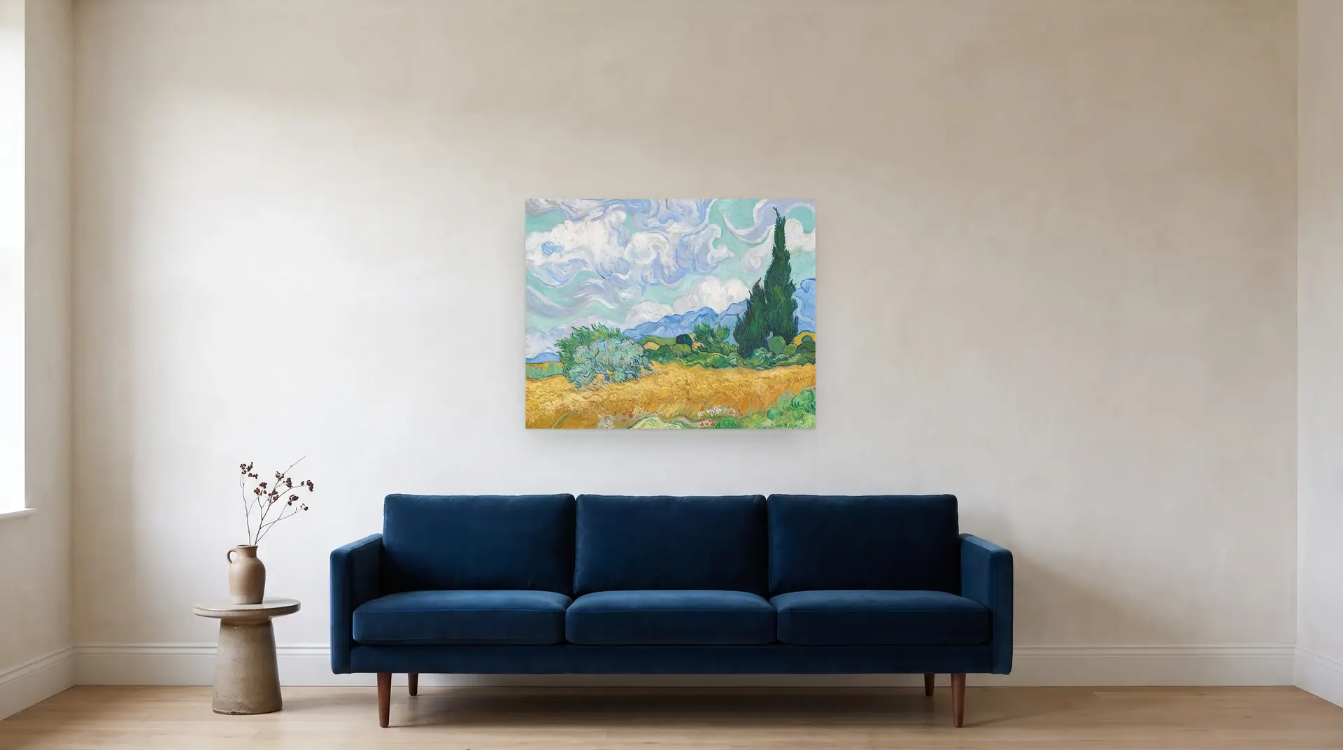 A Wheatfield, with Cypresses by Vincent van Gogh shown at its true size, 36" × 28½", over an 84" sofa
