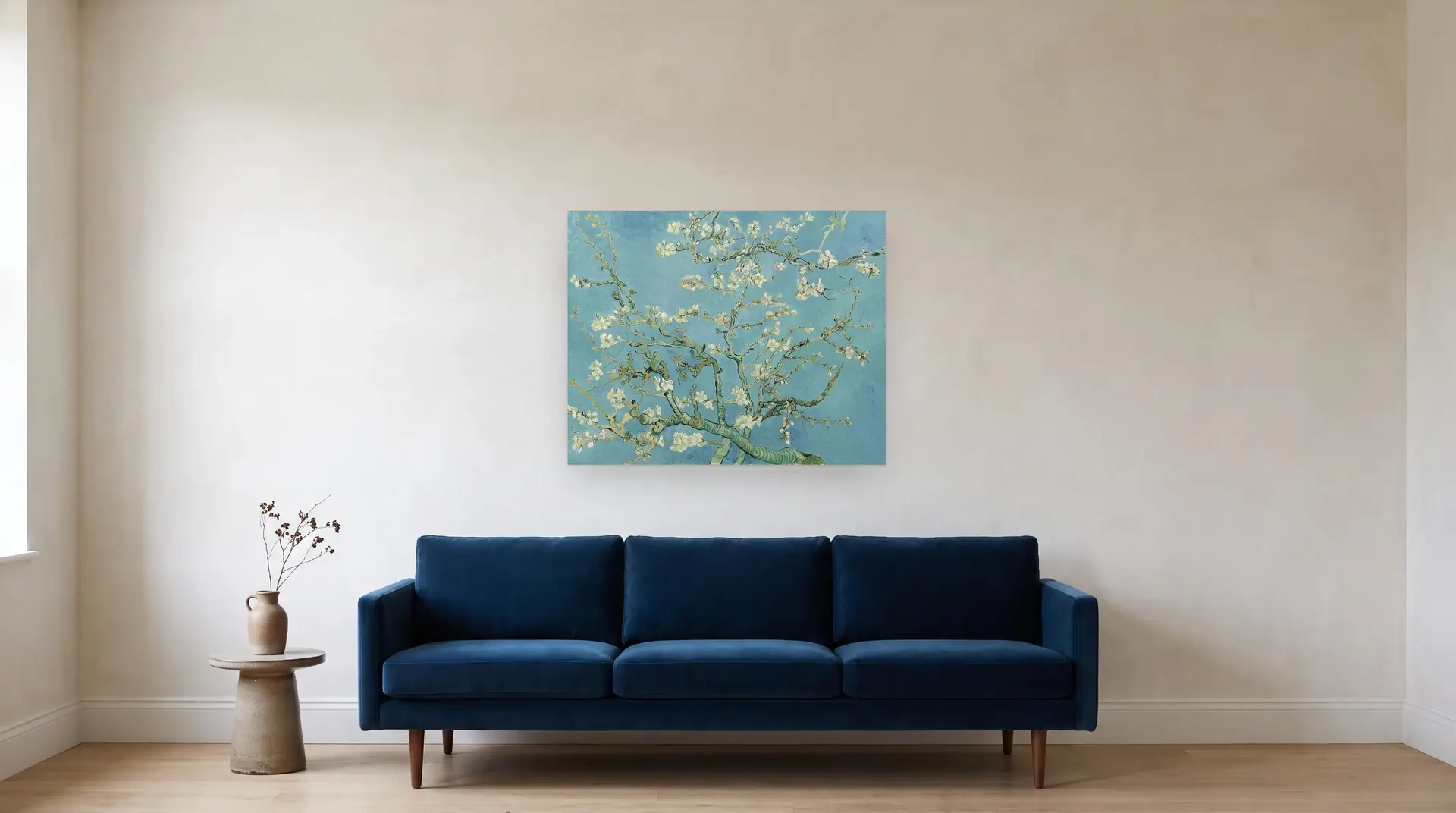 Almond Blossom by Vincent van Gogh shown at its true size, 36" × 29", over an 84" sofa