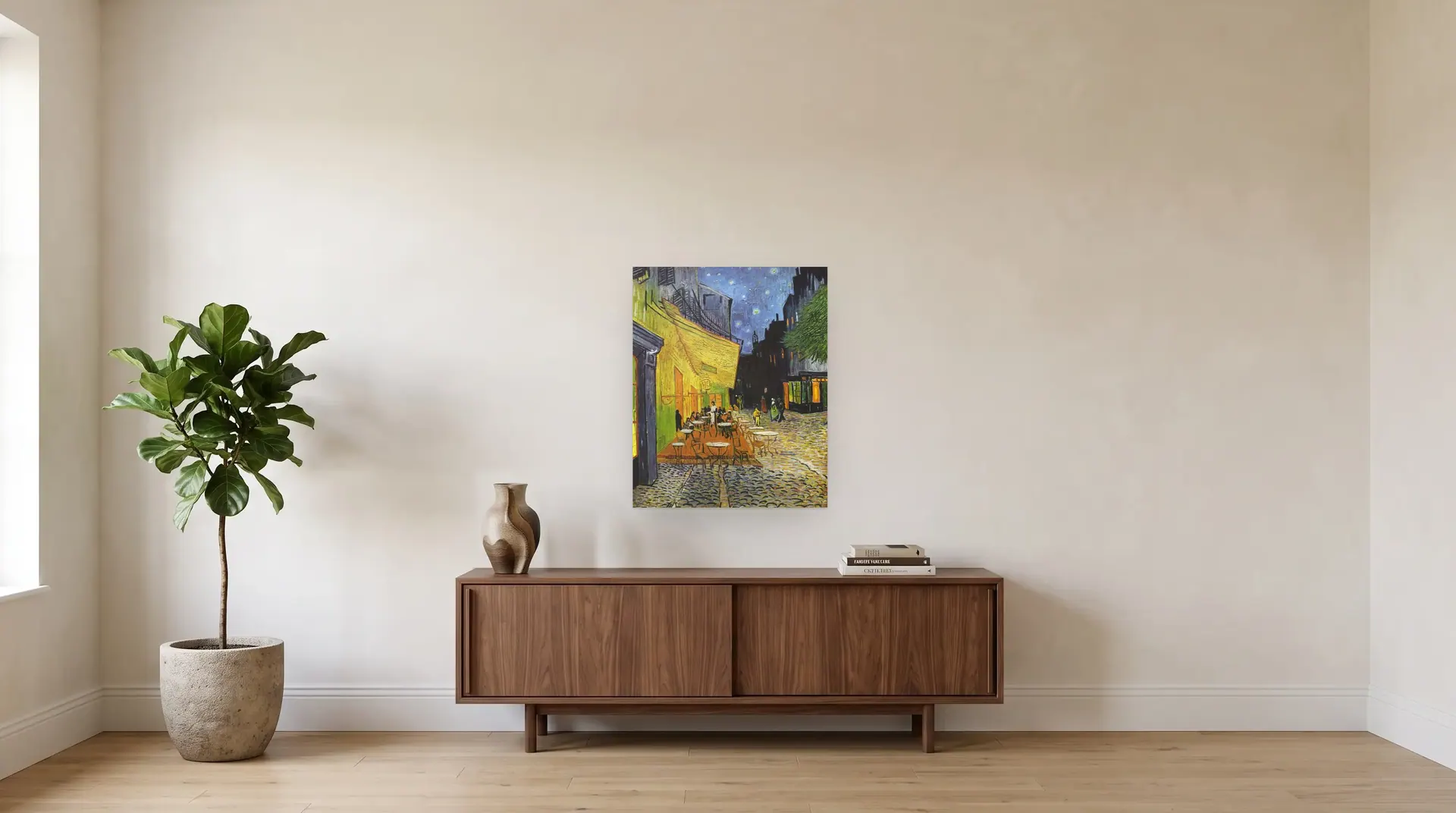 Café Terrace at Night by Vincent van Gogh shown at its true size, 25½" × 32", over a 72" sideboard