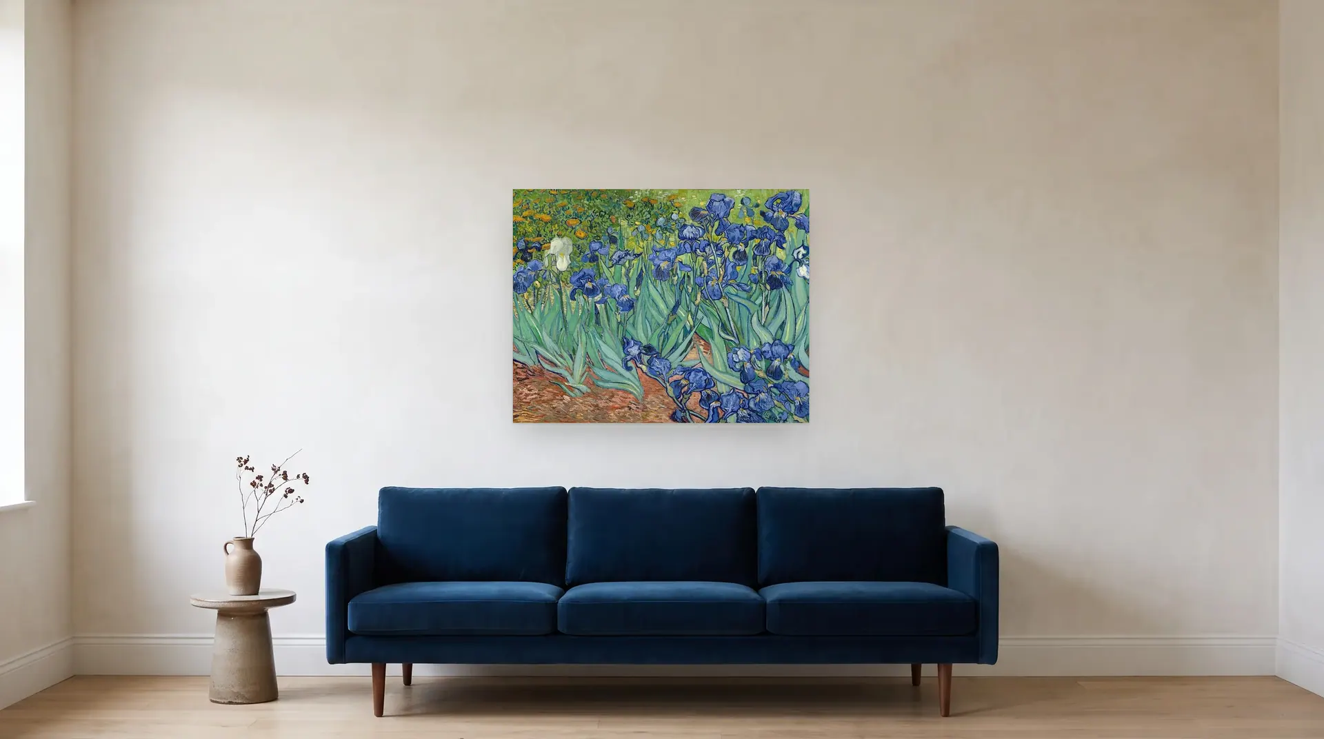 Irises by Vincent van Gogh shown at its true size, 37" × 29½", over an 84" sofa