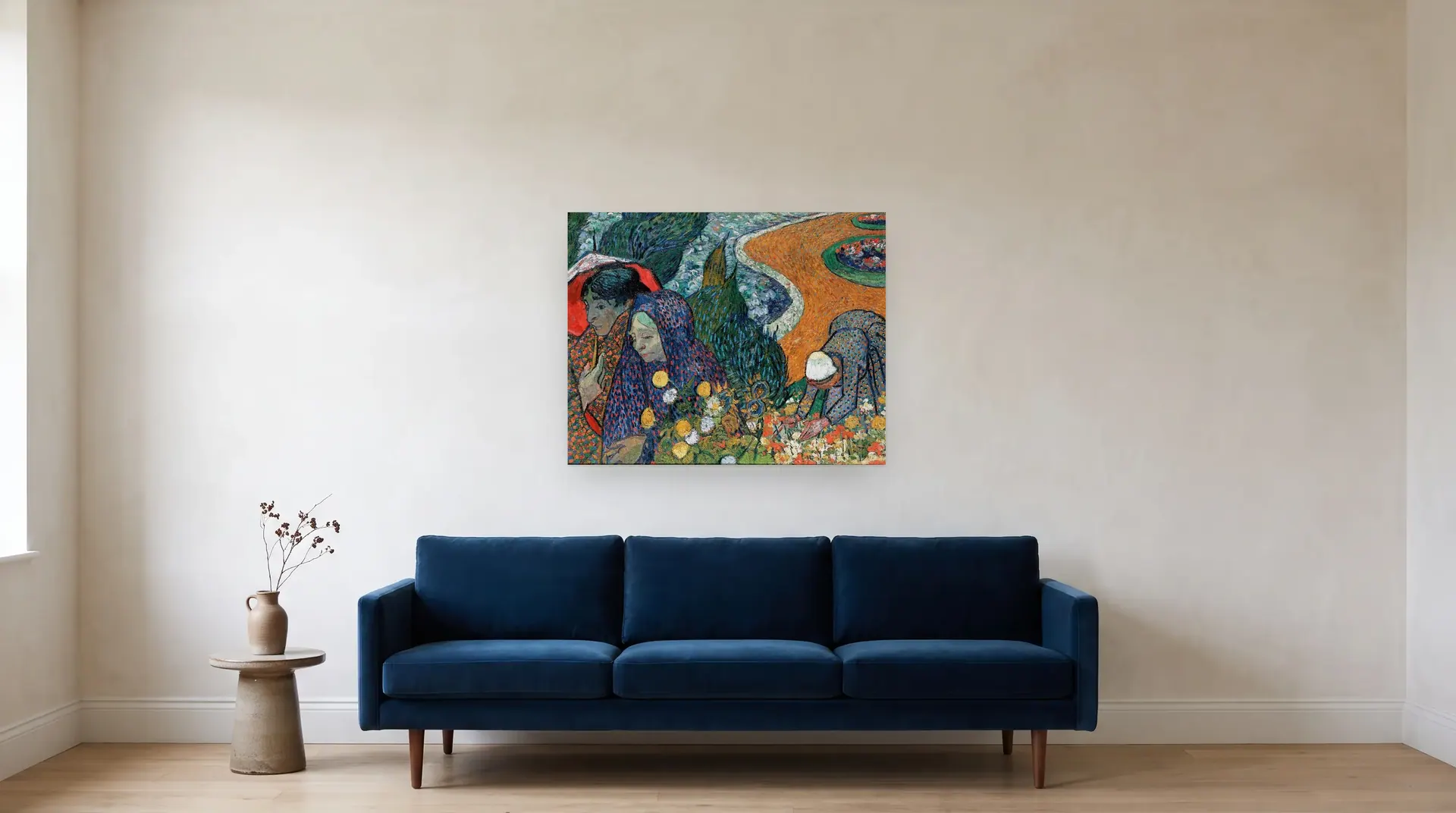 Memory of the Garden at Etten (Ladies of Arles) by Vincent van Gogh shown at its true size, 36" × 28½", over an 84" sofa