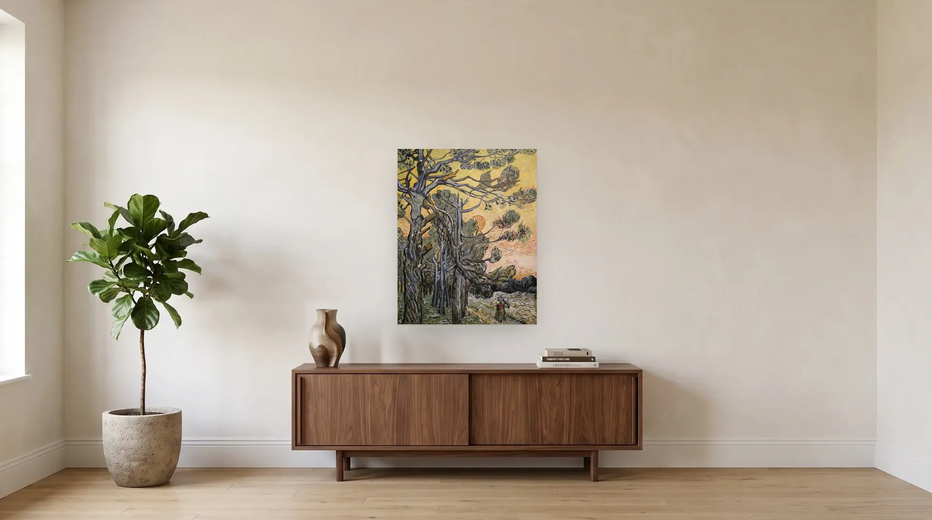 Pine Trees against a Red Sky with Setting Sun by Vincent van Gogh shown at its true size, 28½" × 36", over a 72" sideboard