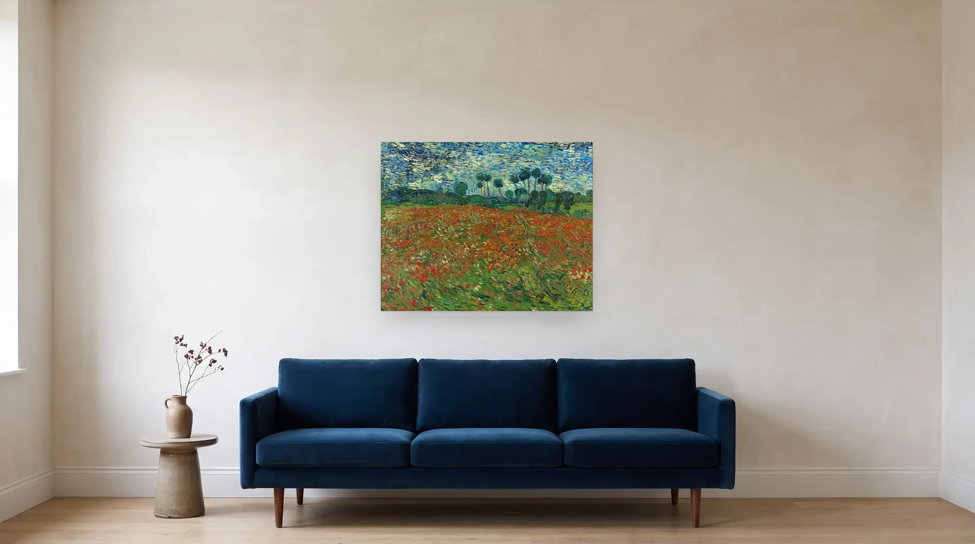 Poppy Field by Vincent van Gogh shown at its true size, 36" × 28½", over an 84" sofa