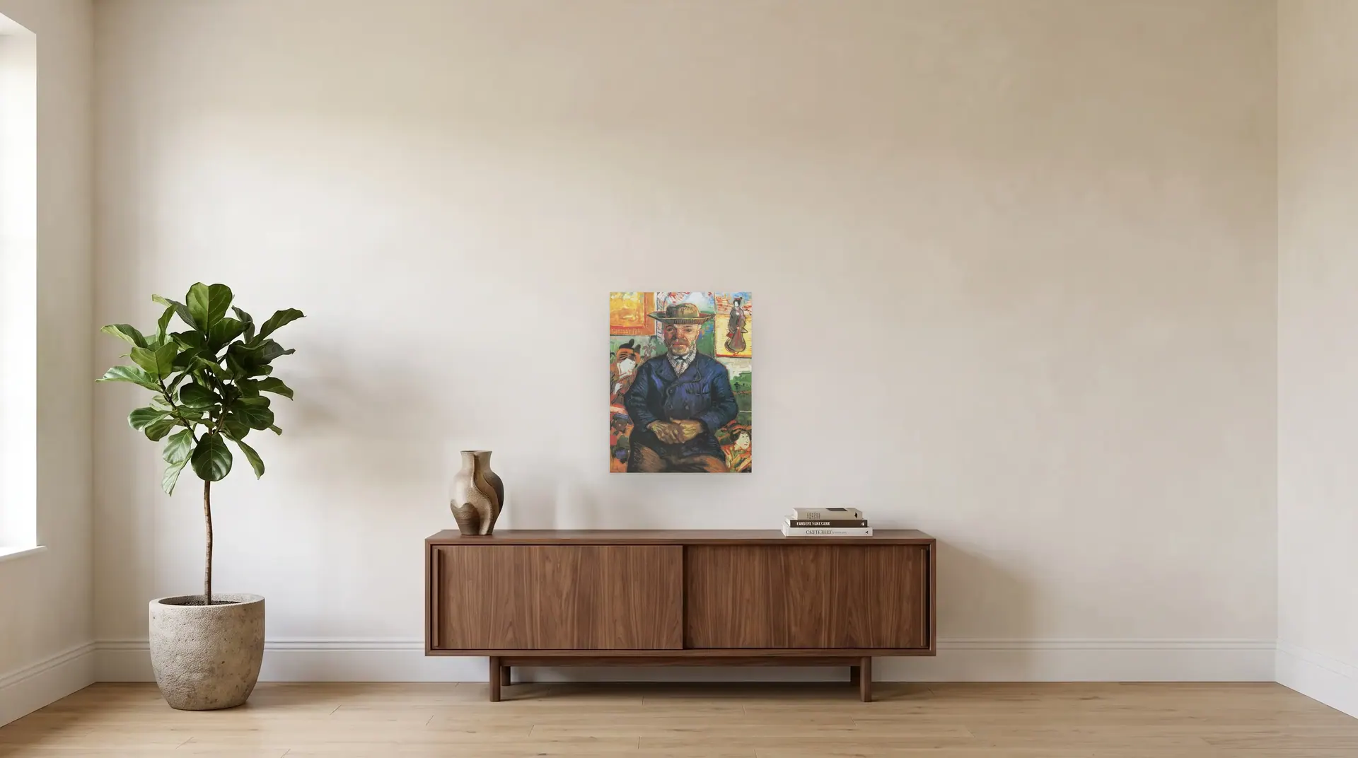 Portrait of Père Tanguy by Vincent van Gogh shown at its true size, 20" × 25½", over a 72" sideboard