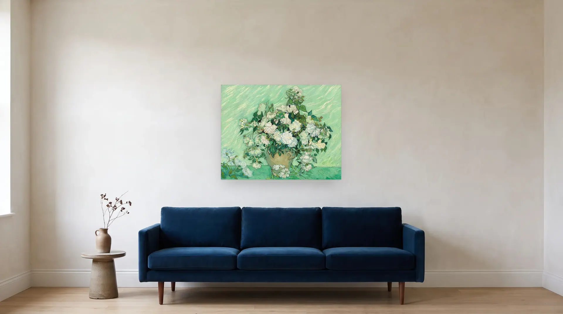 Roses by Vincent van Gogh shown at its true size, 35½" × 28", over an 84" sofa