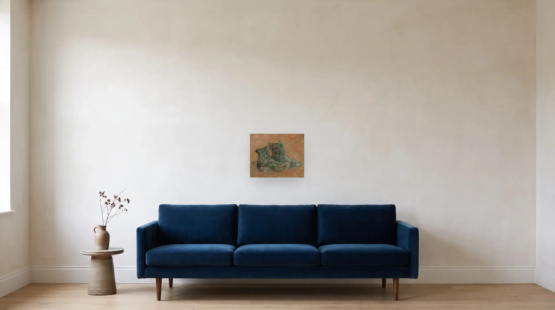 Shoes by Vincent van Gogh shown at its true size, 16" × 13", over an 84" sofa