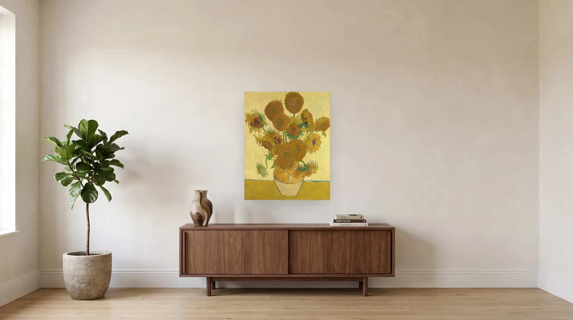 Sunflowers (Vase with Fifteen Sunflowers) by Vincent van Gogh shown at its true size, 28½" × 36½", over a 72" sideboard
