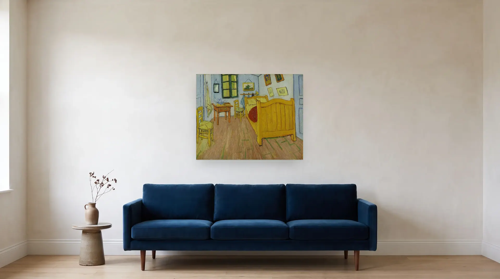 The Bedroom by Vincent van Gogh shown at its true size, 35½" × 28½", over an 84" sofa