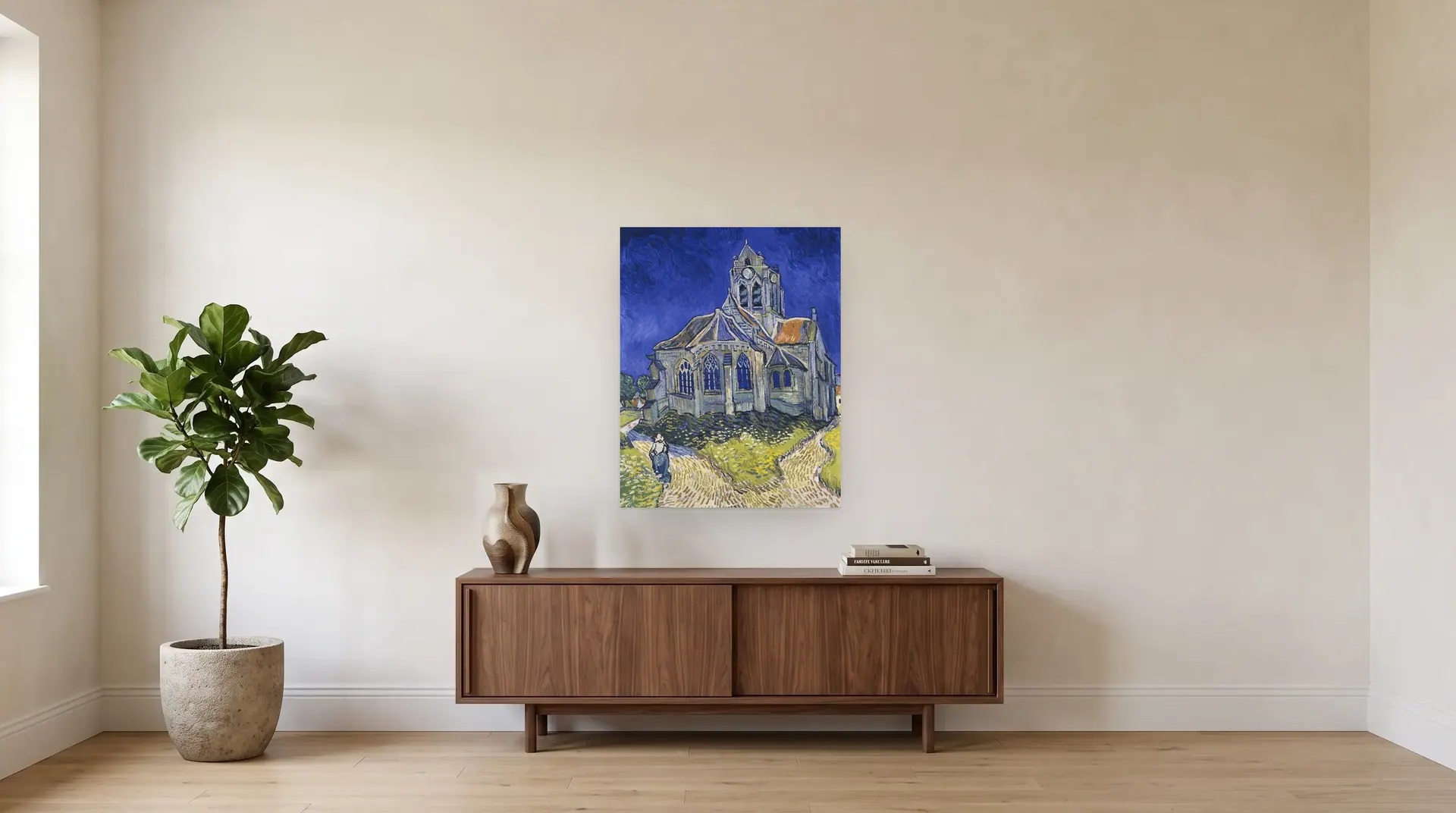 The Church at Auvers by Vincent van Gogh shown at its true size, 29" × 37", over a 72" sideboard