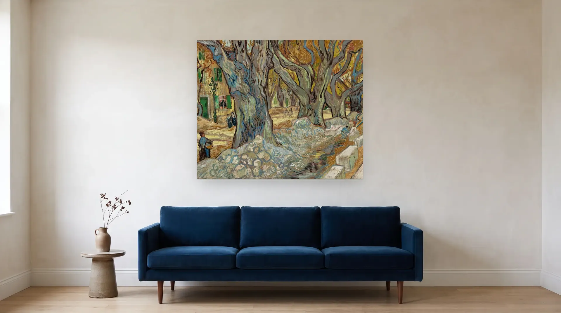The Large Plane Trees (Road Menders at Saint-Rémy) by Vincent van Gogh shown at its true size, 49" × 41", over an 84" sofa