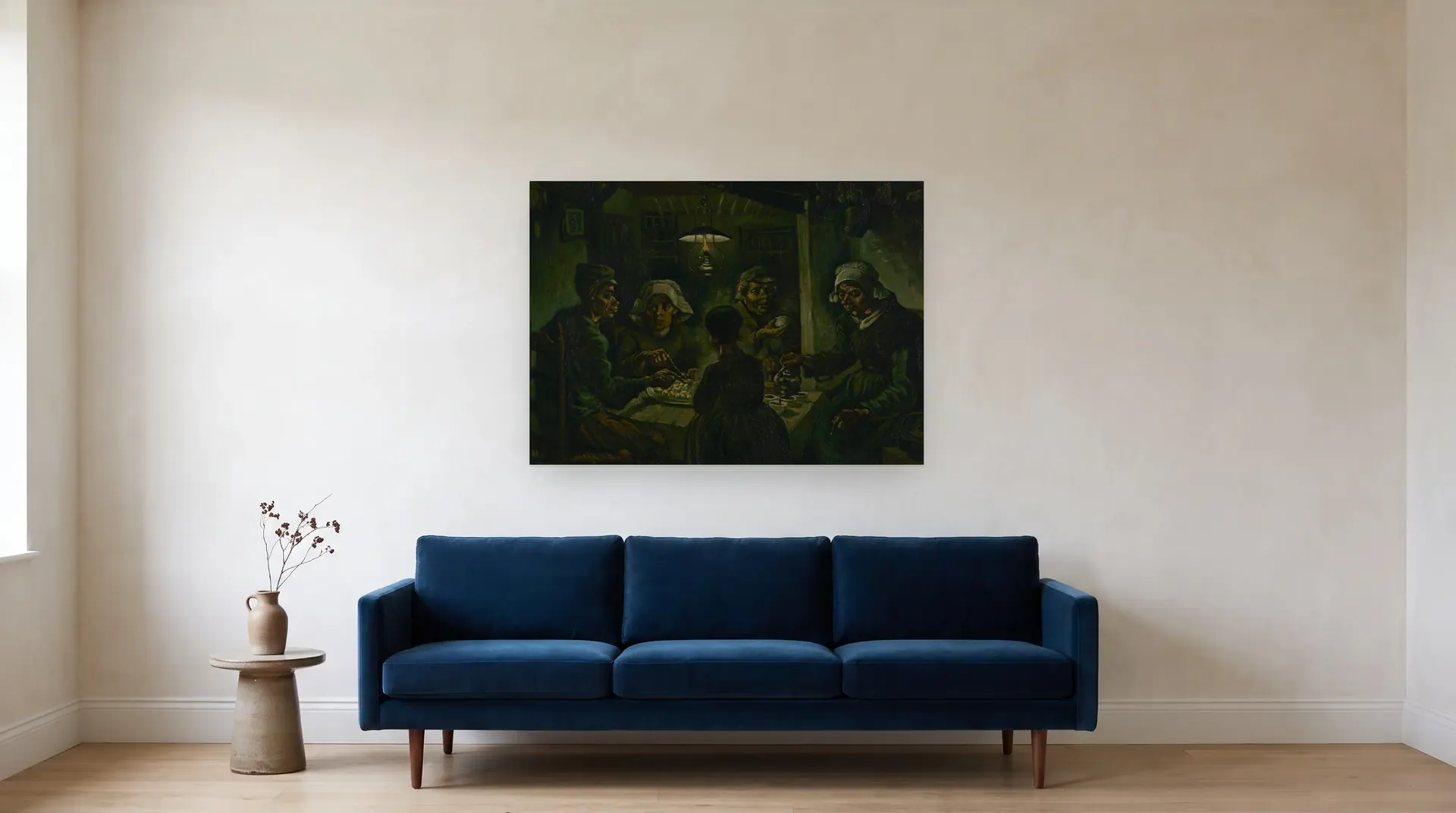 The Potato Eaters by Vincent van Gogh shown at its true size, 45" × 32½", over an 84" sofa