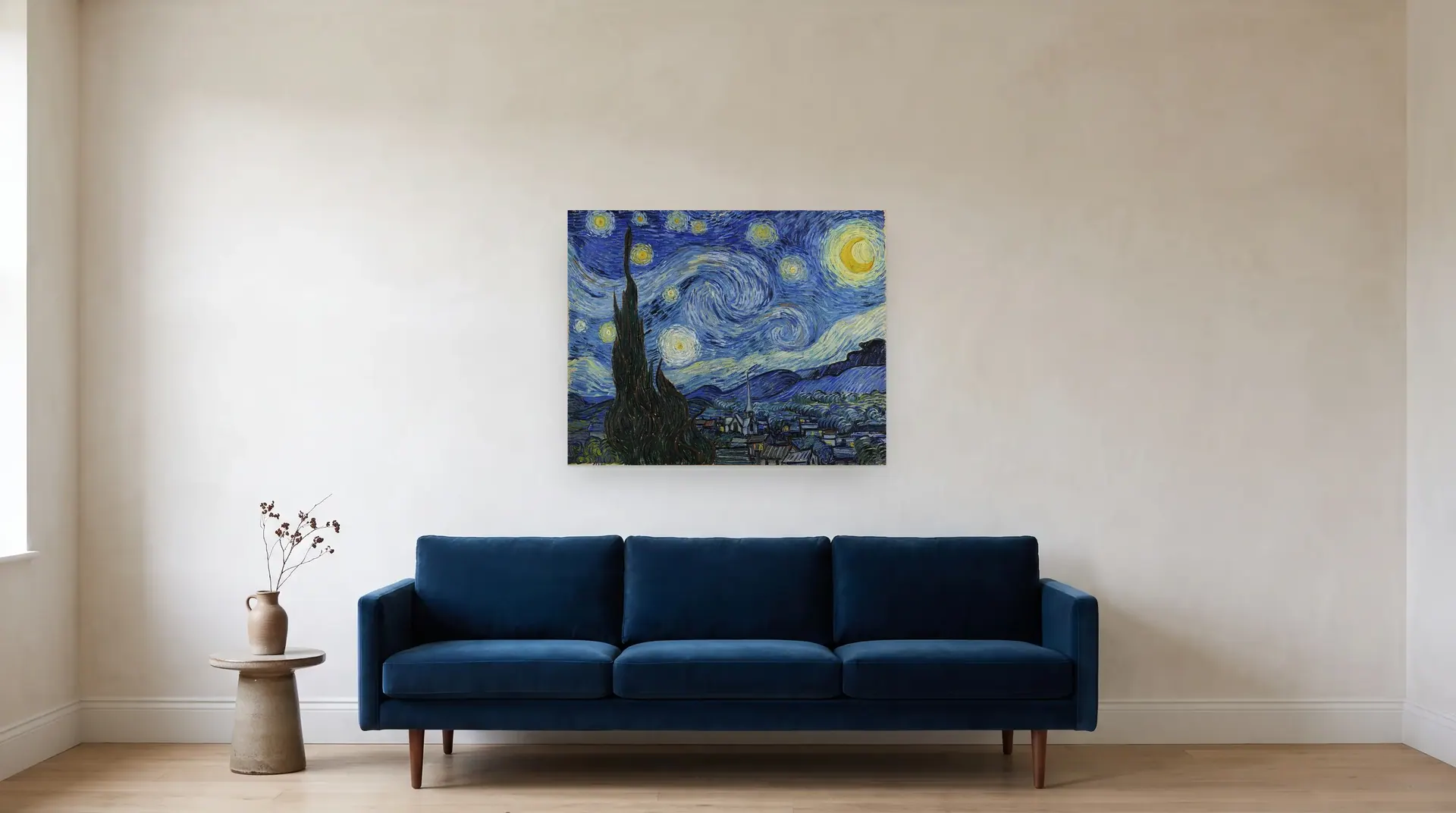 The Starry Night by Vincent van Gogh shown at its true size, 36½" × 29", over an 84" sofa