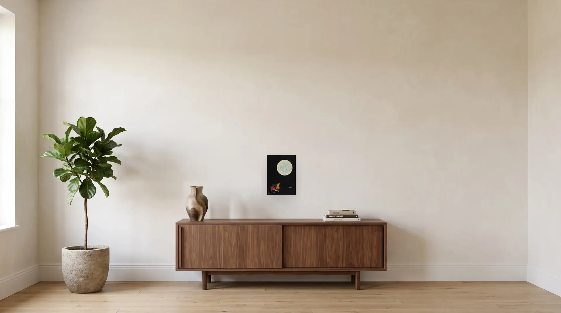 A Circle (A) by Wassily Kandinsky shown at its true size, 10" × 14", over a 72" sideboard