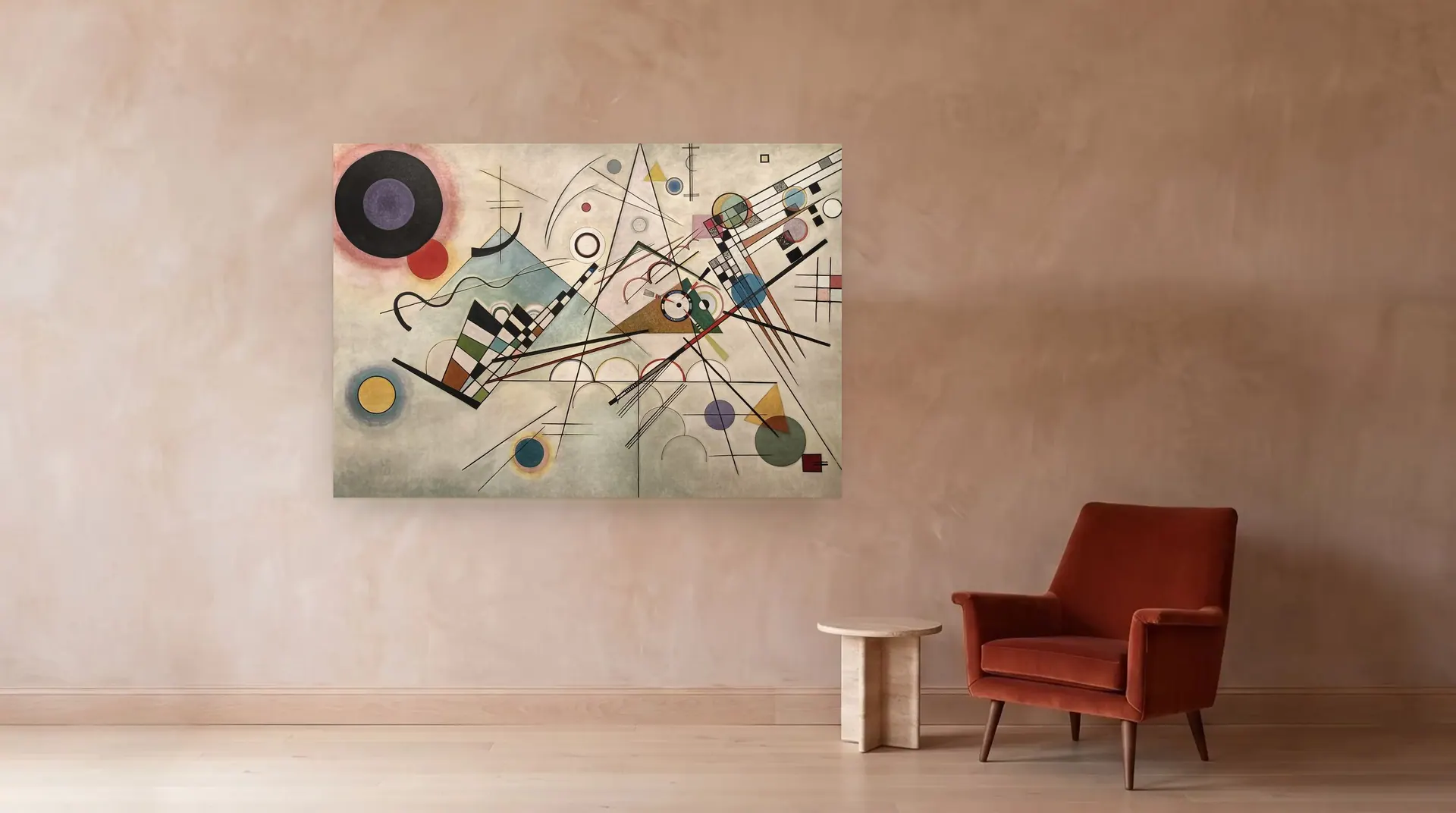 Composition VIII by Wassily Kandinsky shown at its true size, 79" × 55", beside an armchair