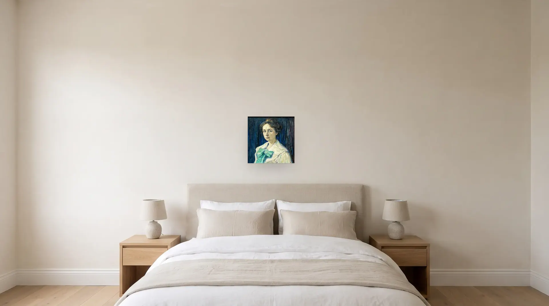 Gabriele Münter by Wassily Kandinsky shown at its true size, 17½" × 17½", over a queen bed