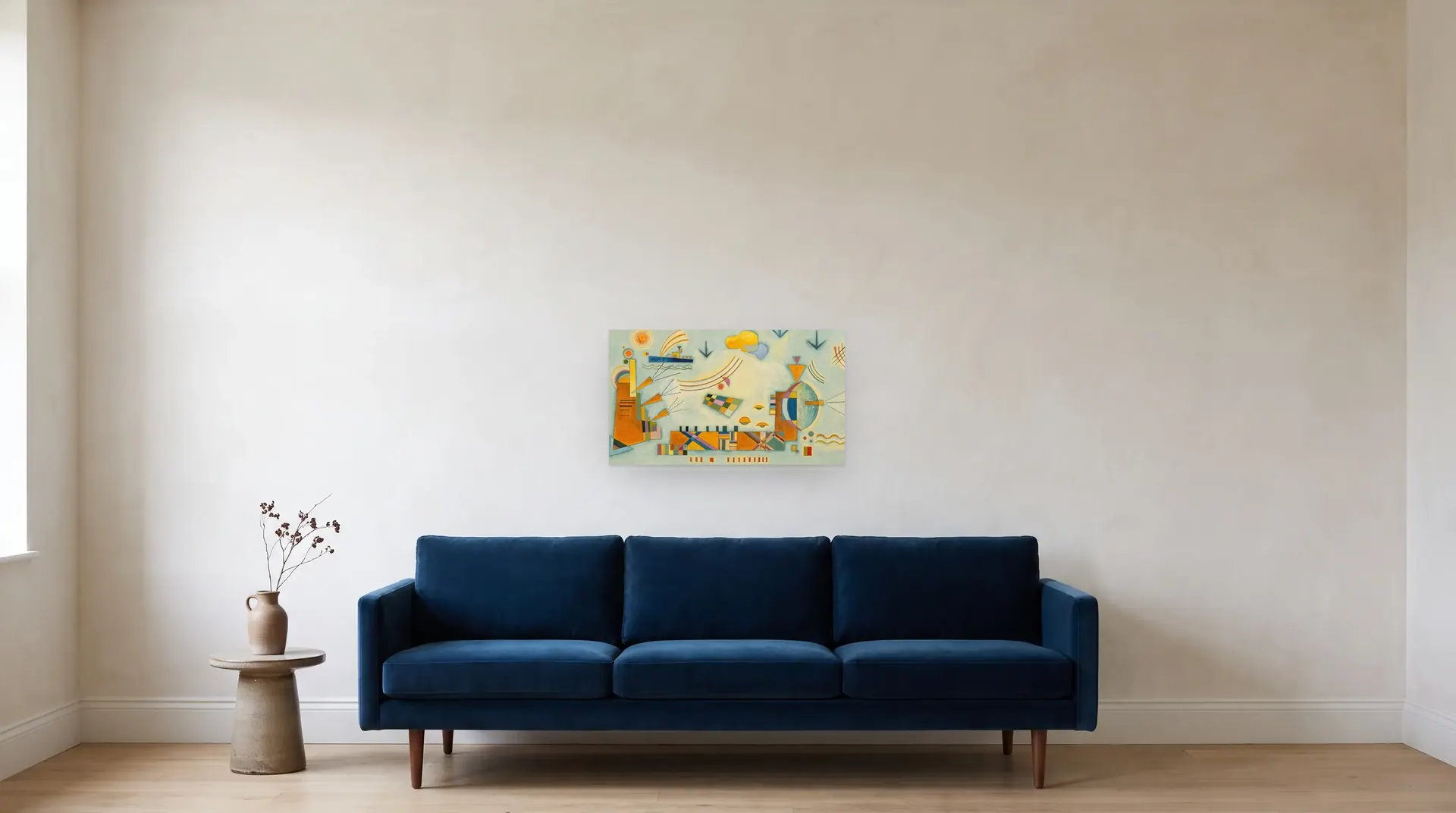 Gentle Event by Wassily Kandinsky shown at its true size, 27" × 15½", over an 84" sofa